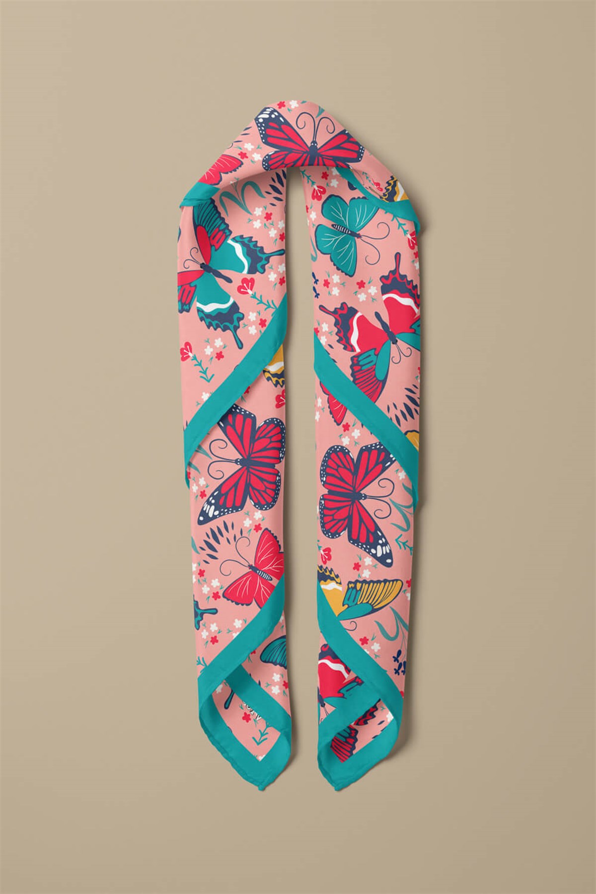 %100 İpek Kelebek Desenli Kadın Bandana