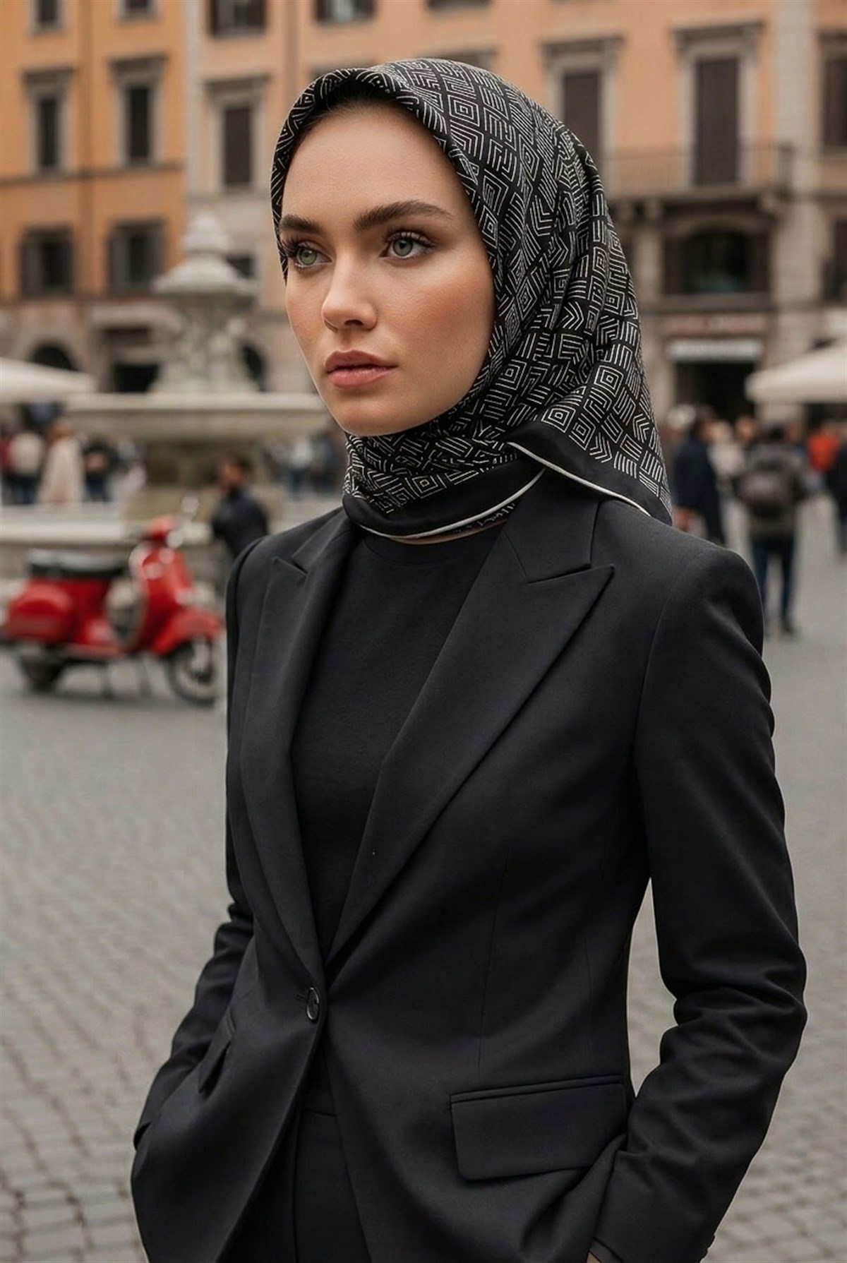 %57 İPEK % 43 VİSKON Twill İpek Etnik Motif Desenli Siyah - Krem Renkli 90x90 Dikim Şekli : El Dikişi Eşarp