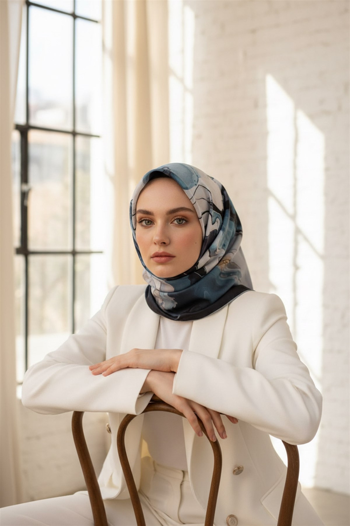 %100 Twill İpek Batik Çiçek Desenli Turkuaz - Gri Renkli 90x90 Eşarp Dikim Şekli : El Dikişi