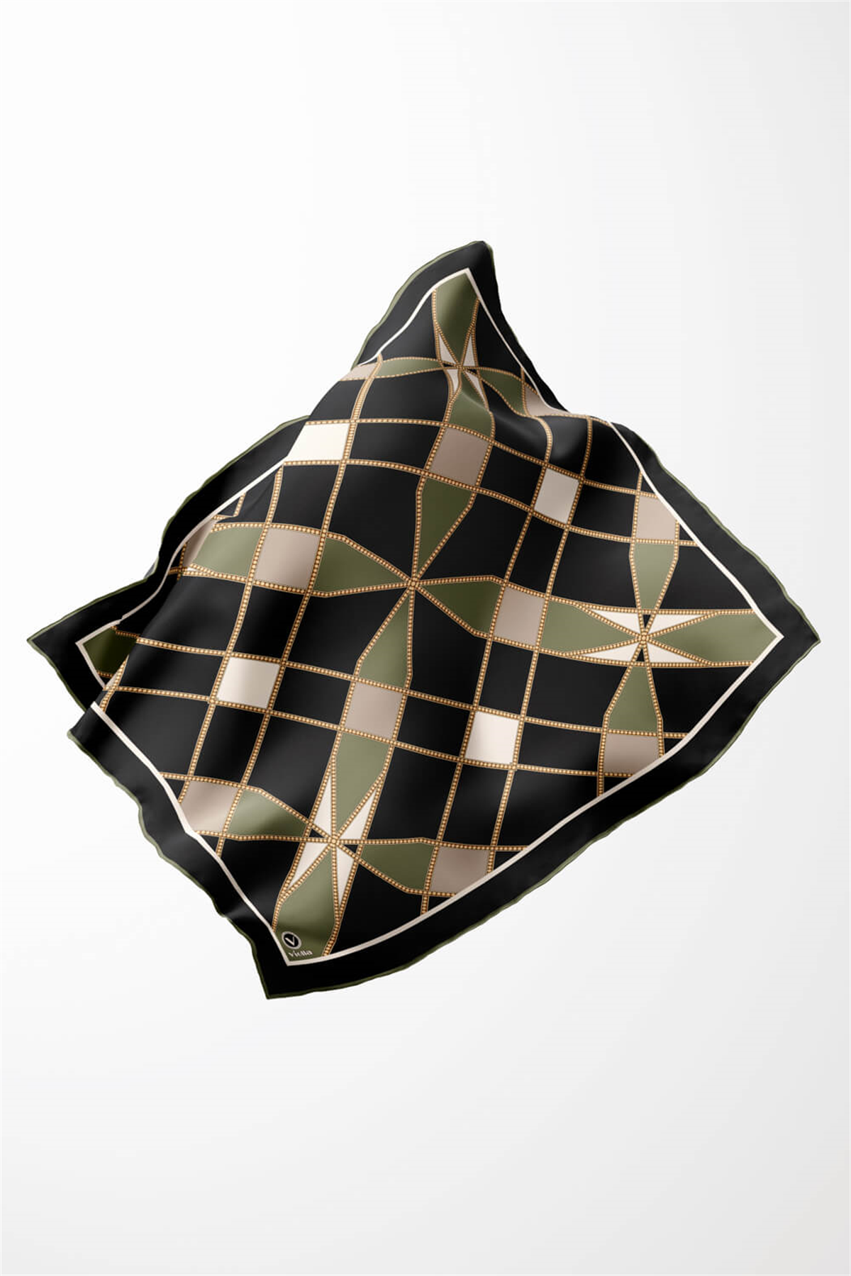 Twill Gold Detaylı Geometrik Çiçekli Desenli Haki Yeşil Renkli 90x90 Eşarp (İpek İçermez) Kenar Dikiş Şekli El Dikişli
