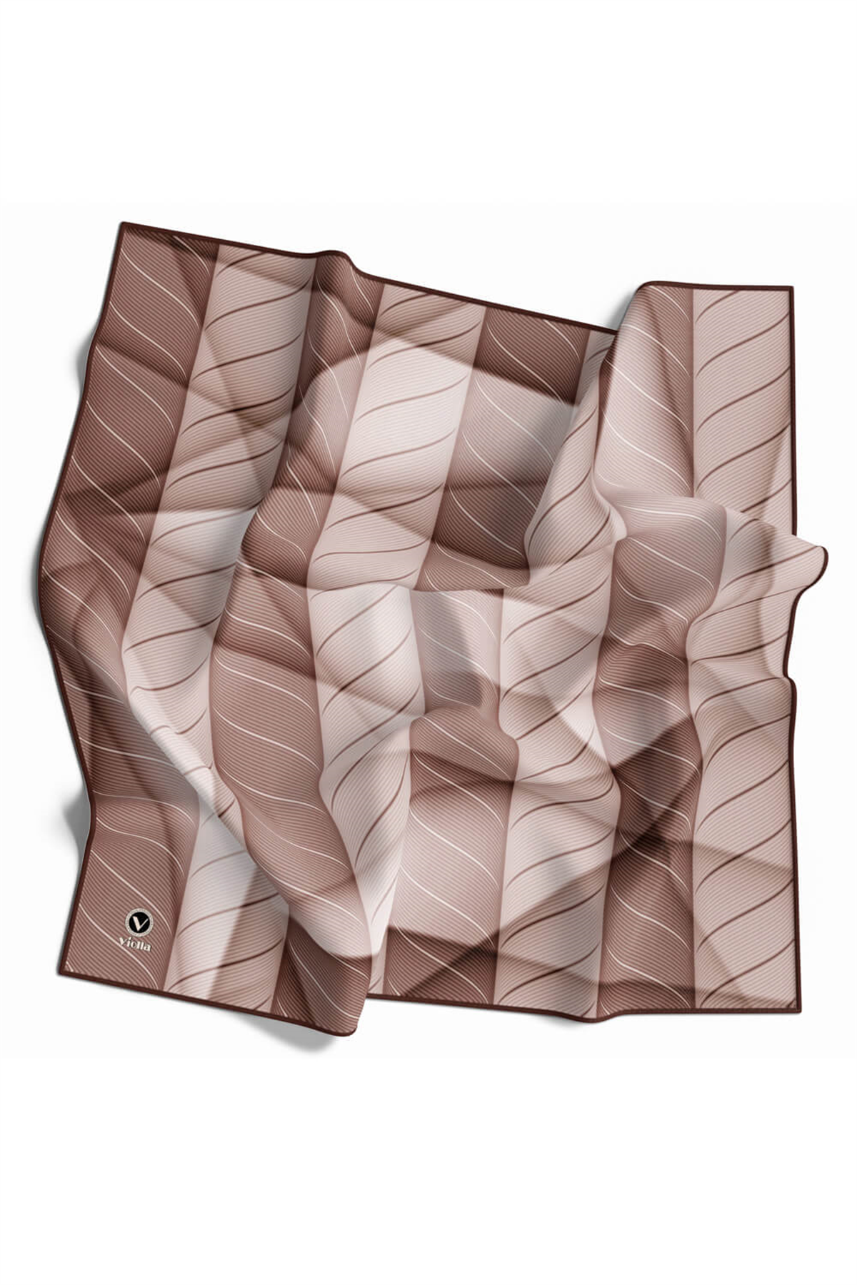 Twill Şeritli Geometrik Desenli Vizon Renkli 90x90 Eşarp (İpek İçermez) Kenar Dikiş Şekli El Dikişli