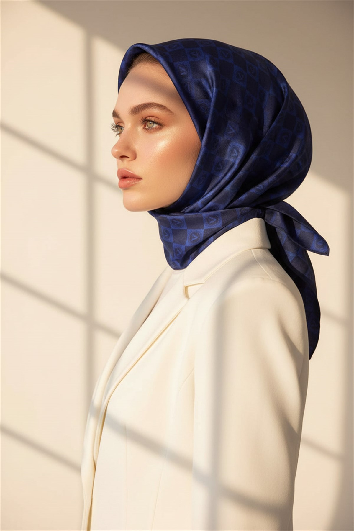 %100 Twill İpek Monogram Desenli Saks Renkli 90x90 Eşarp Dikim Şekli : El Dikişi