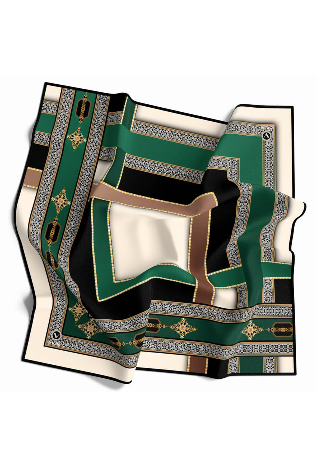 Twill Gold Detaylı ve Antik Motif Desenli Petrol Yeşili Renkli 90x90 Eşarp (İpek İçermez) Kenar Dikiş Şekli El Dikişli
