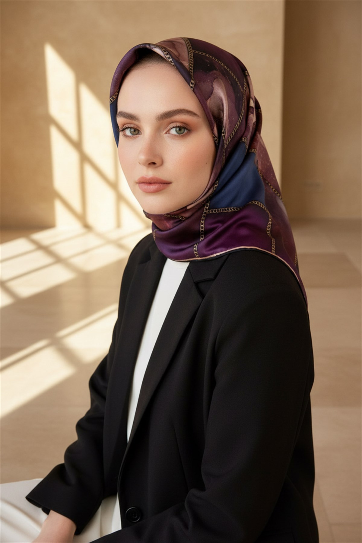 %100 Twill İpek Efektli Bant Desenli Mürdüm - İndigo Renkli 90x90 Eşarp Dikim Şekli : El Dikişi