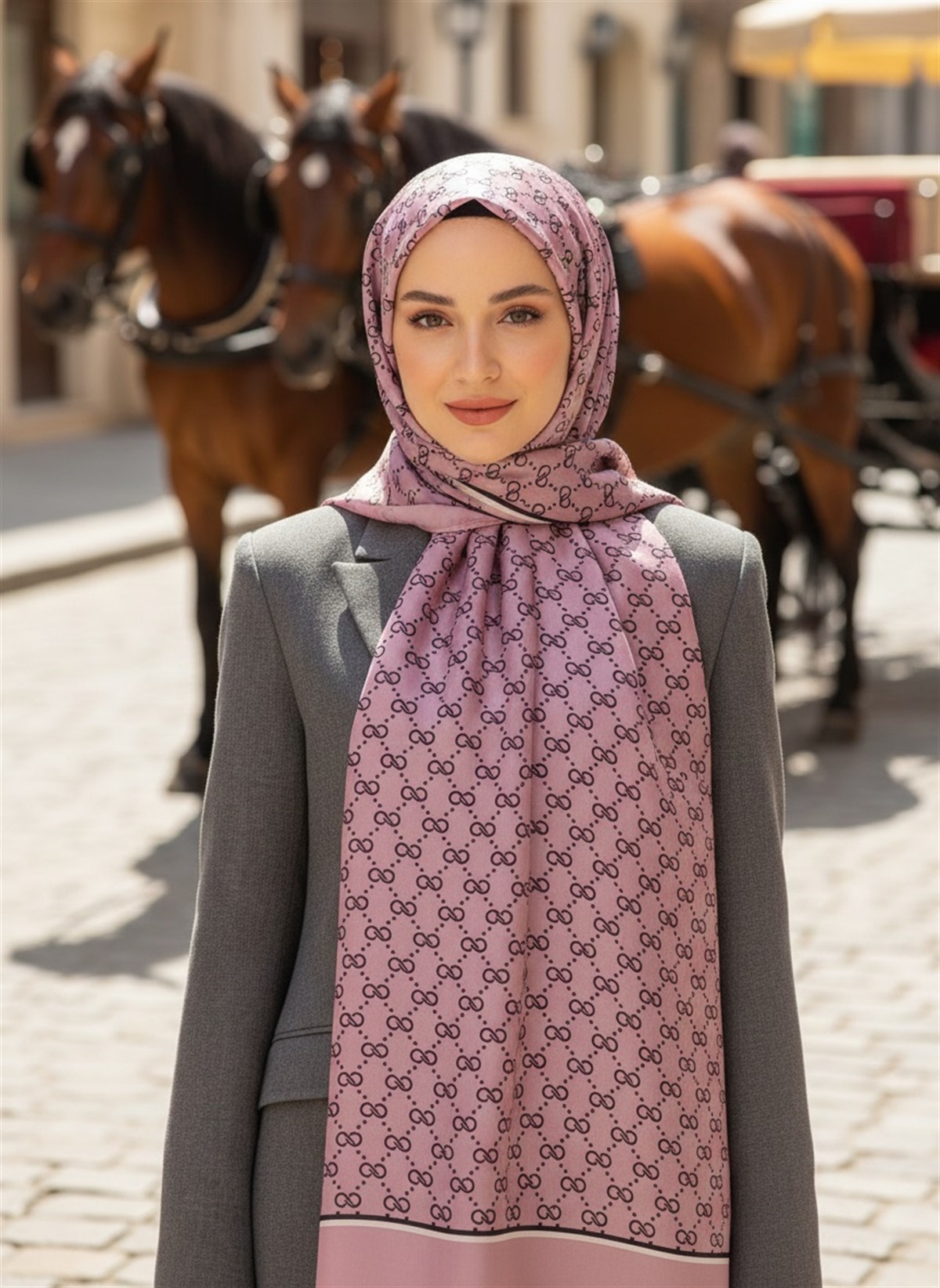%100 İpek Minik Motif Desenli Gül Kurusu Renkli 92x210 Şal