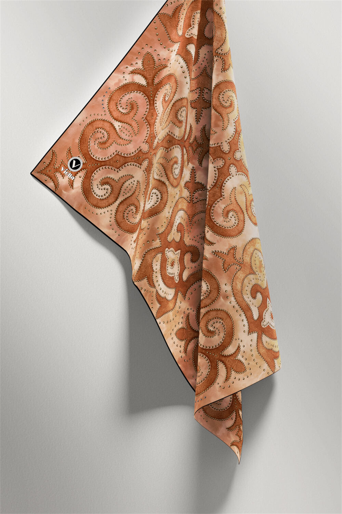 Twill Barok Desenli Taba Renkli 90x90 Eşarp (İpek İçermez) Kenar Dikiş Şekli El Dikişli