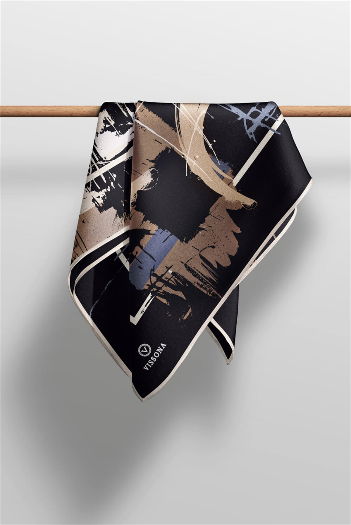 % 57 İPEK % 43 VİSKON Twill İpek Geometrik Desenli Bej - Gri Renkli 90x90 Eşarp Dikim Şekli : El Dikişi