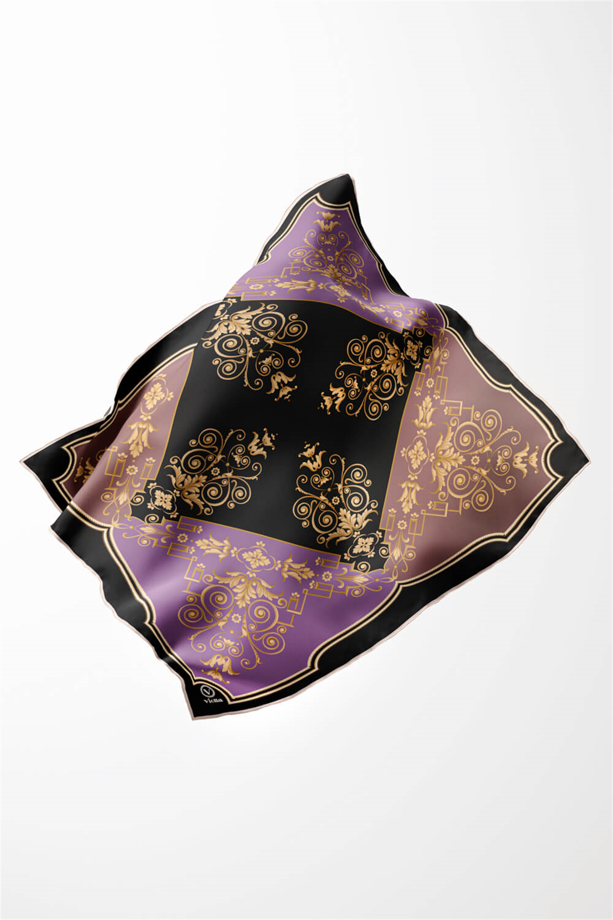 Twill Gold Desenli Lila Renkli 90x90 Eşarp (İpek İçermez) Kenar Dikiş Şekli El Dikişli