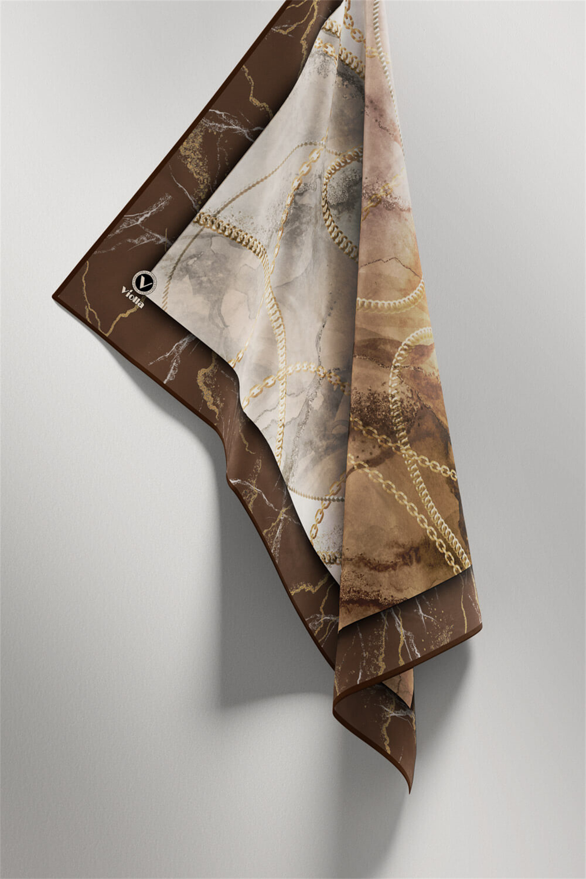Twill Mermer ve Zincir Desenli Vizon Renkli 90x90 Eşarp (İpek İçermez) Kenar Dikiş Şekli El Dikişli