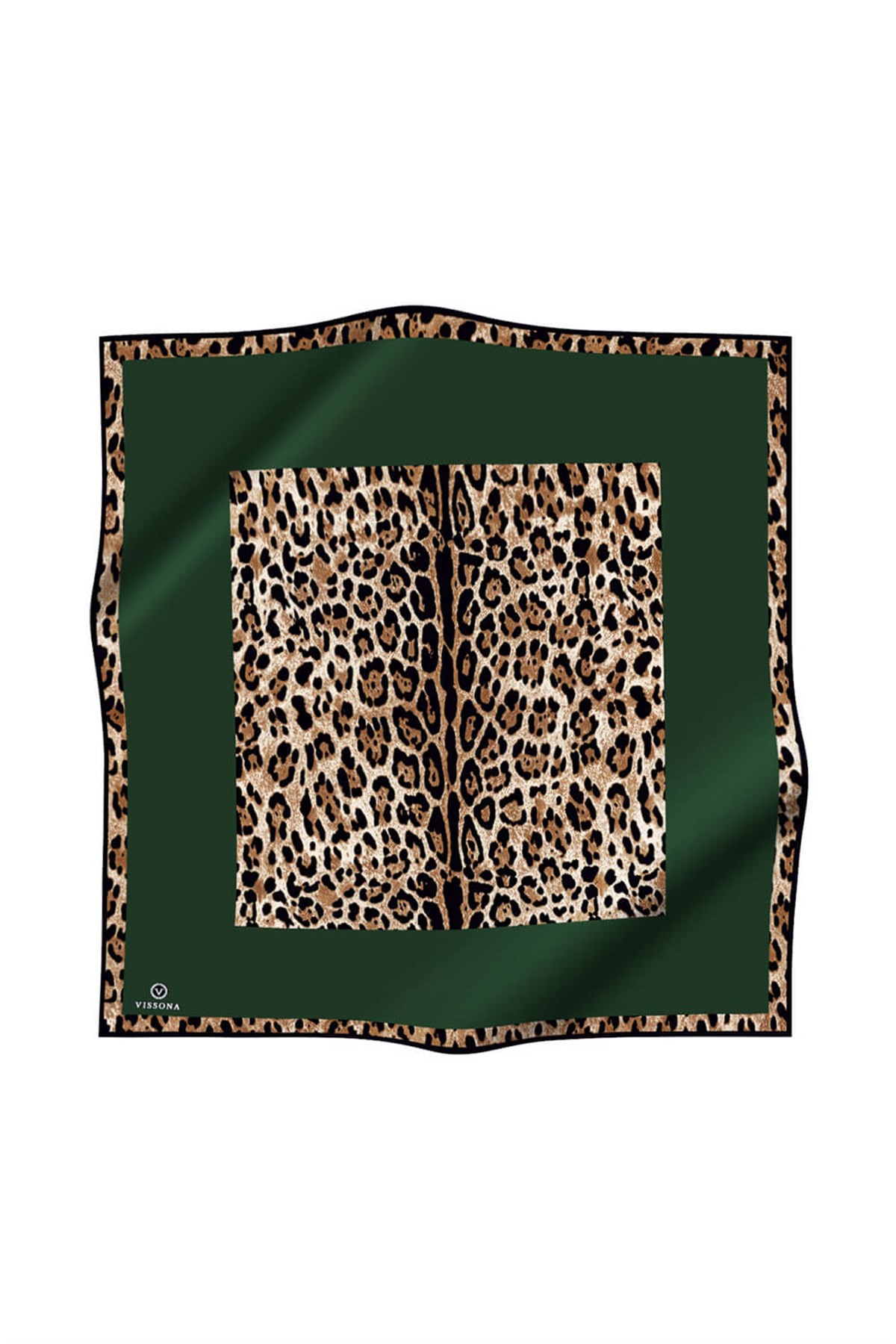%100 Twill İpek Leopar Desenli Zümrüt Yeşili Renkli 90x90 Eşarp Dikim Şekli : El Dikişi
