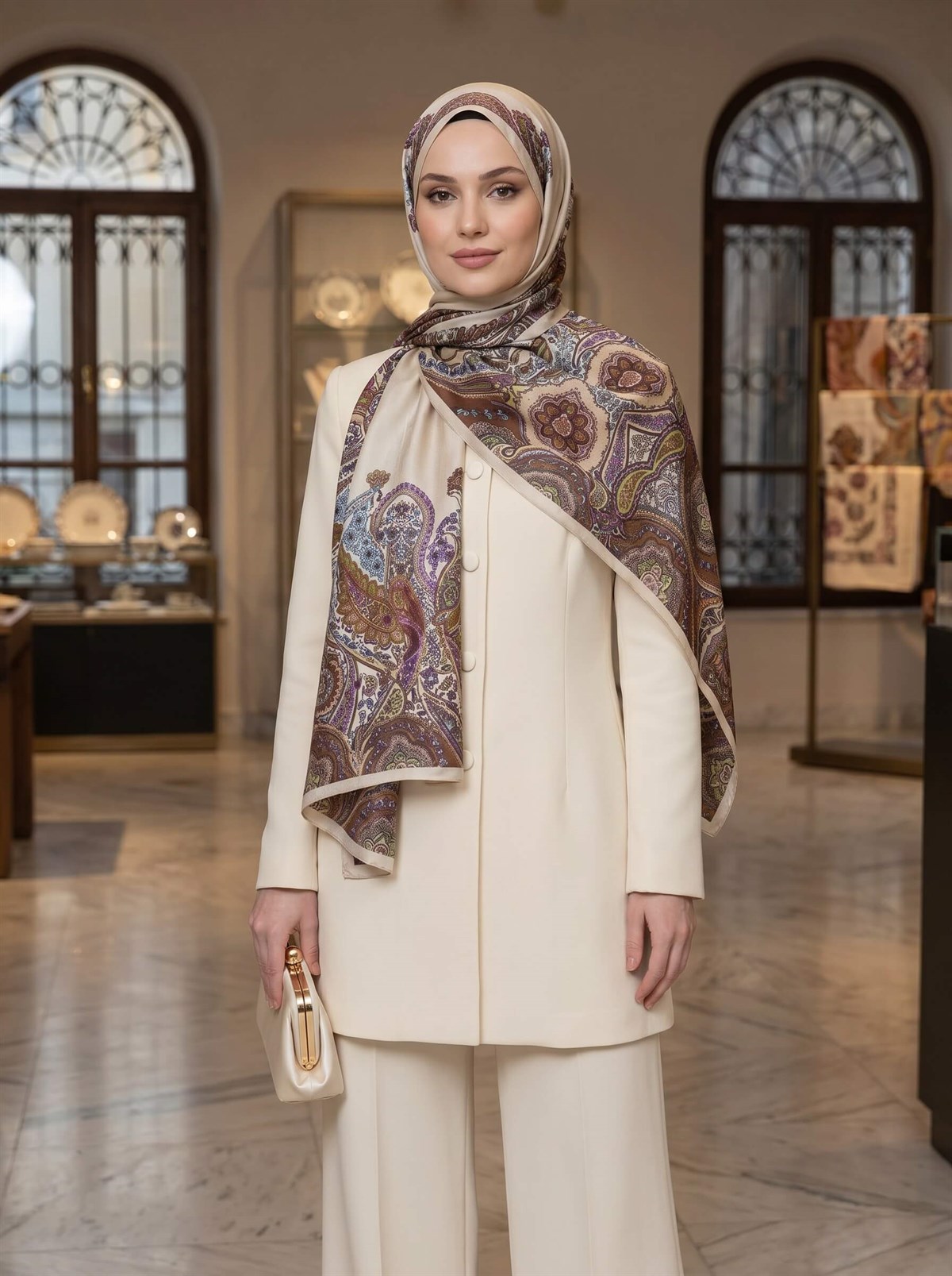 100% İpek Etro Desenli Krem - Taba Renkli 92x210 Şal