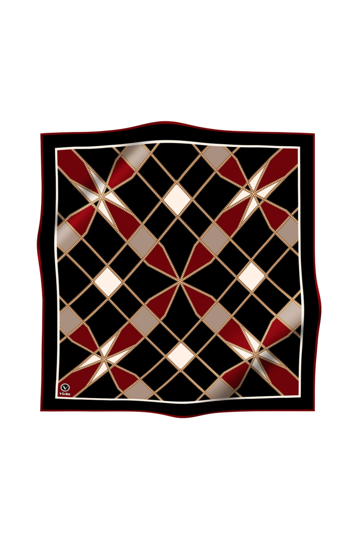 Twill Gold Detaylı Geometrik Çiçekli Desenli Bordo Renkli 90x90 Eşarp (İpek İçermez) Kenar Dikiş Şekli El Dikişli