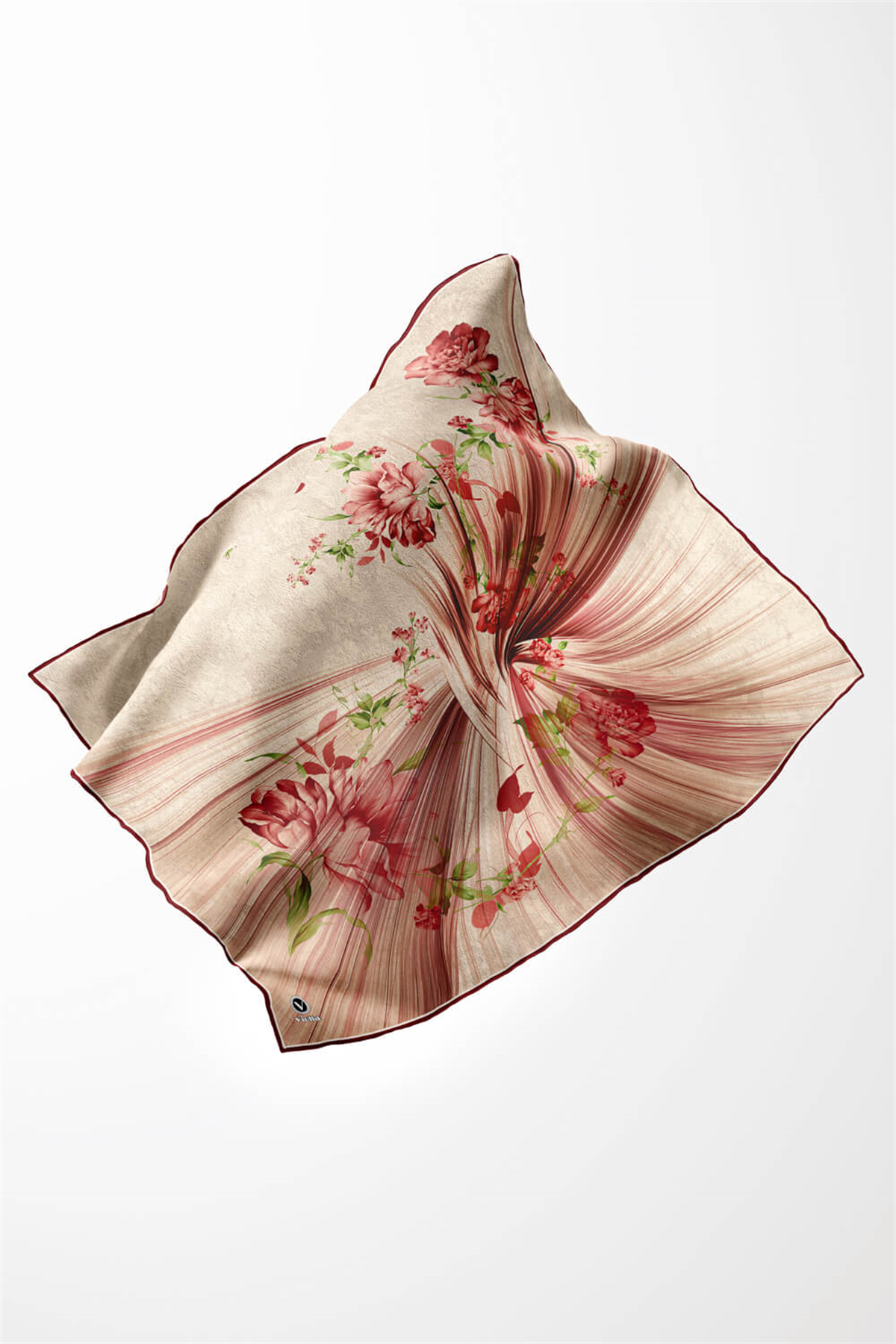 Twill Çiçekli Desenli Bordo Renkli 90x90 Eşarp (İpek İçermez) Kenar Dikiş Şekli El Dikişli