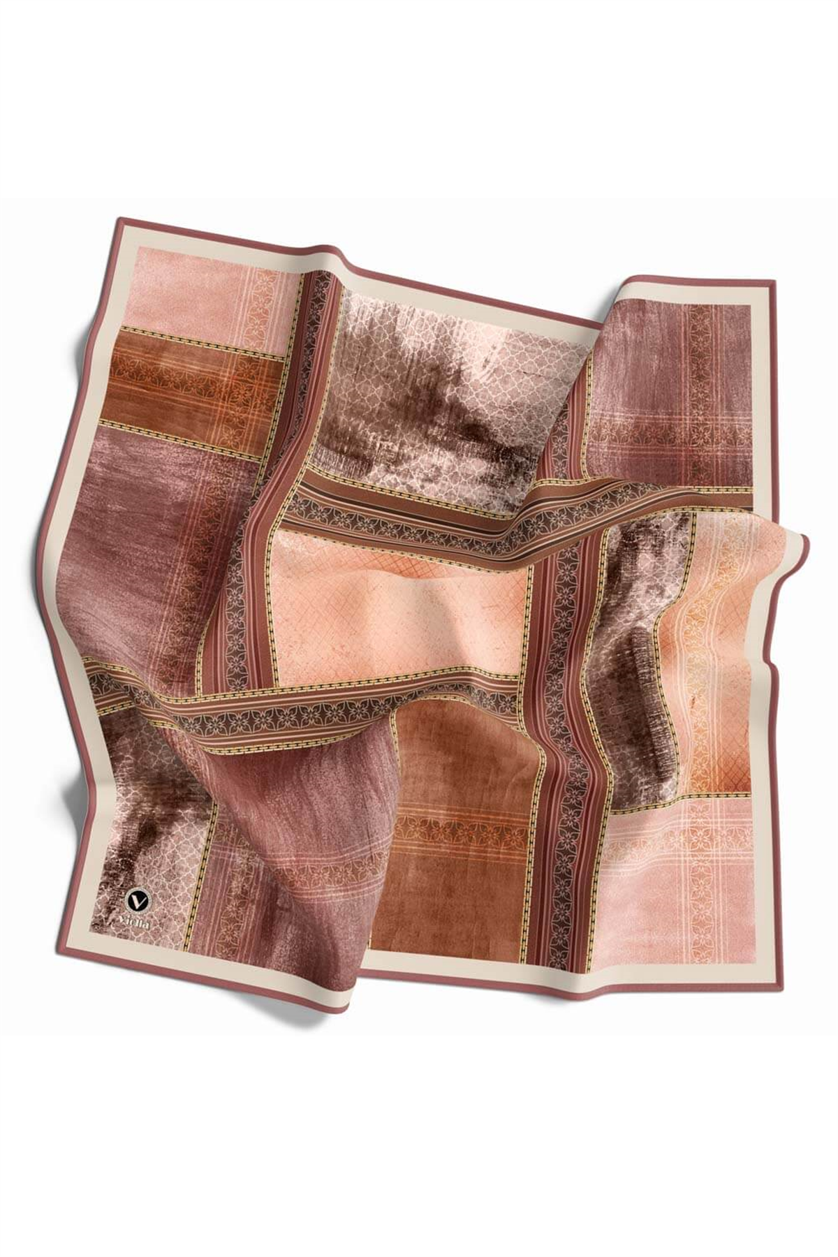 Twill Dokulu Ve Geometrik Desenli Pudra Renkli 90x90 Eşarp (İpek İçermez) Dikim Şekli : El Dikişi