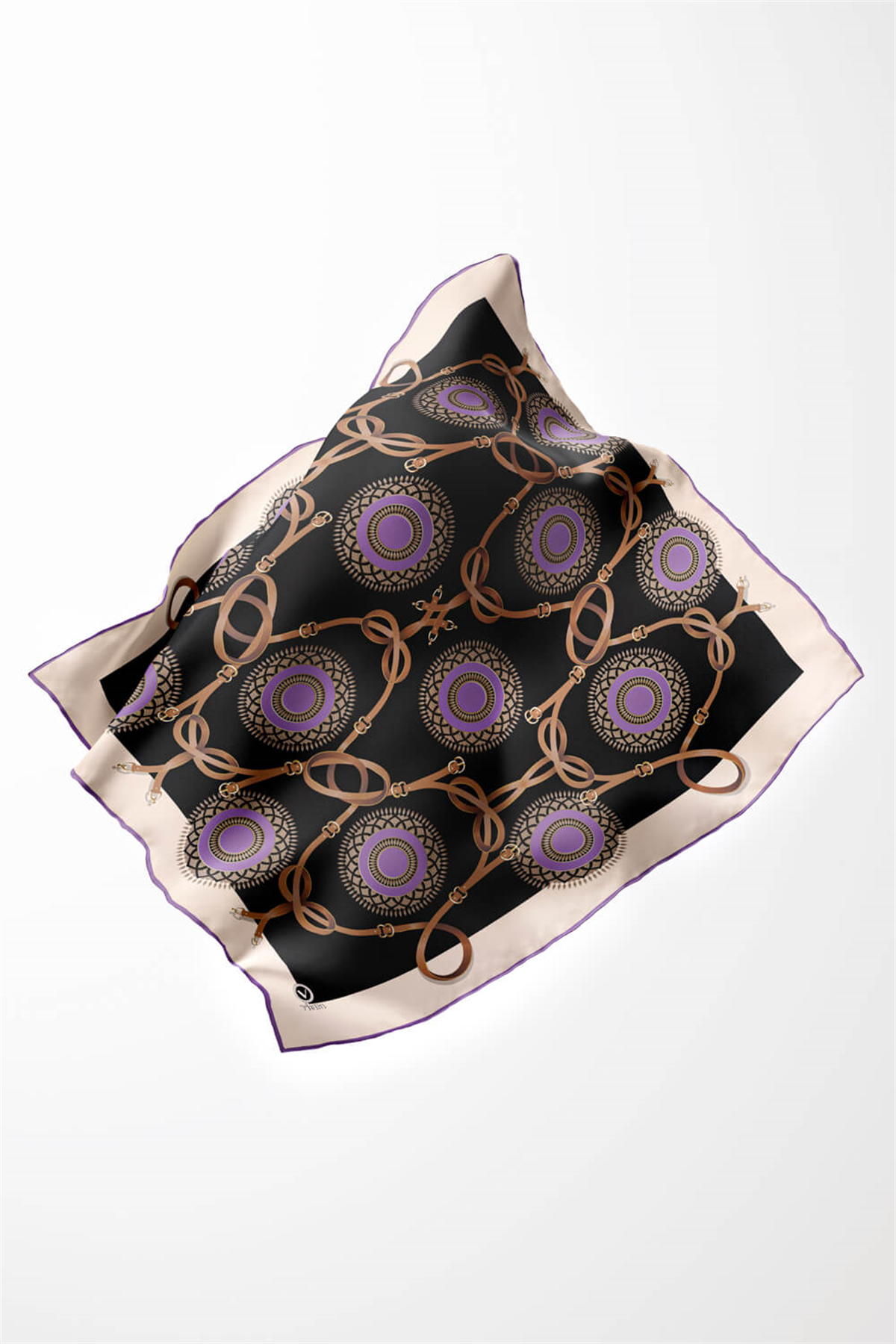 Twill Kemerli Ve Geometrik Desenli Lila Renkli 90x90 Eşarp (İpek İçermez) Kenar Dikiş Şekli El Dikişli