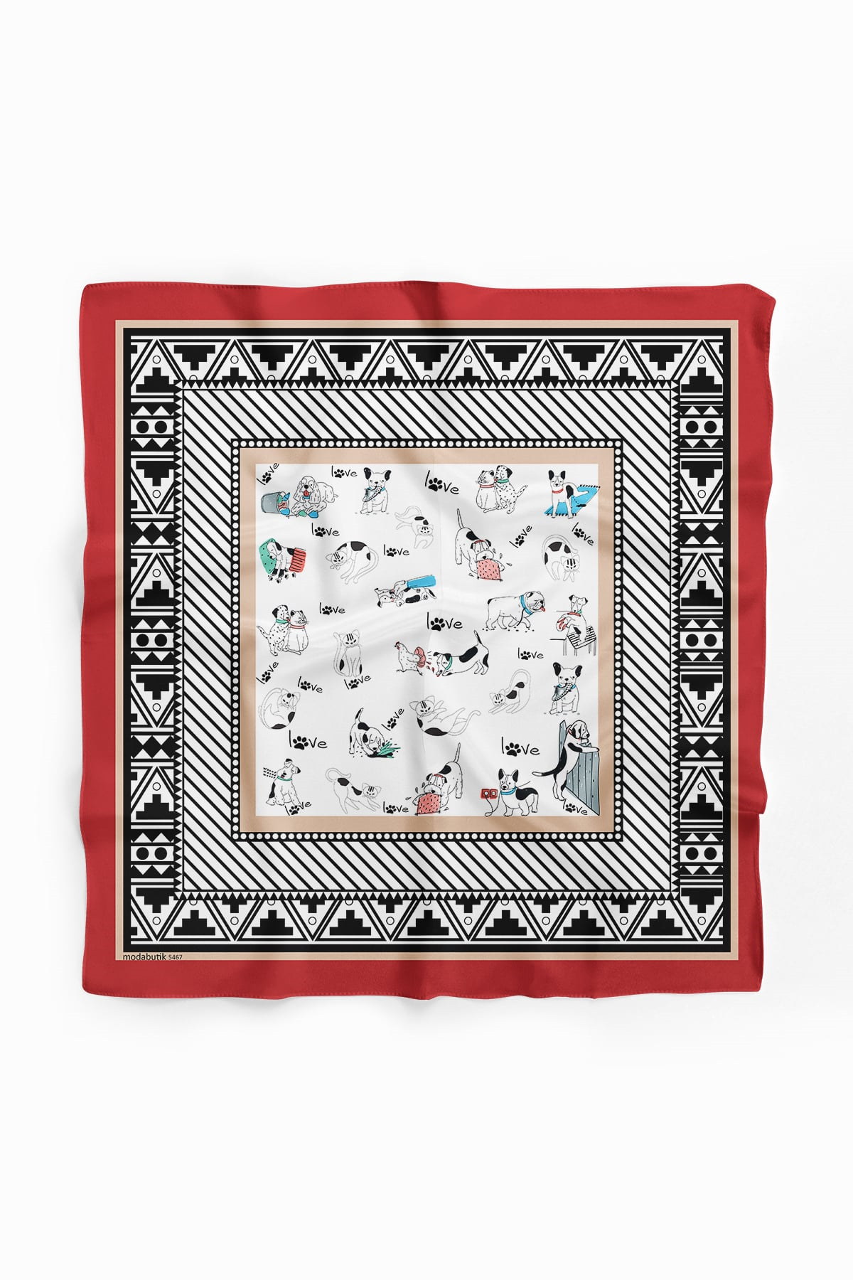 Etnik Dog Desenli Kırmızı Siyah Köpek Bandanası DG5467 45x45