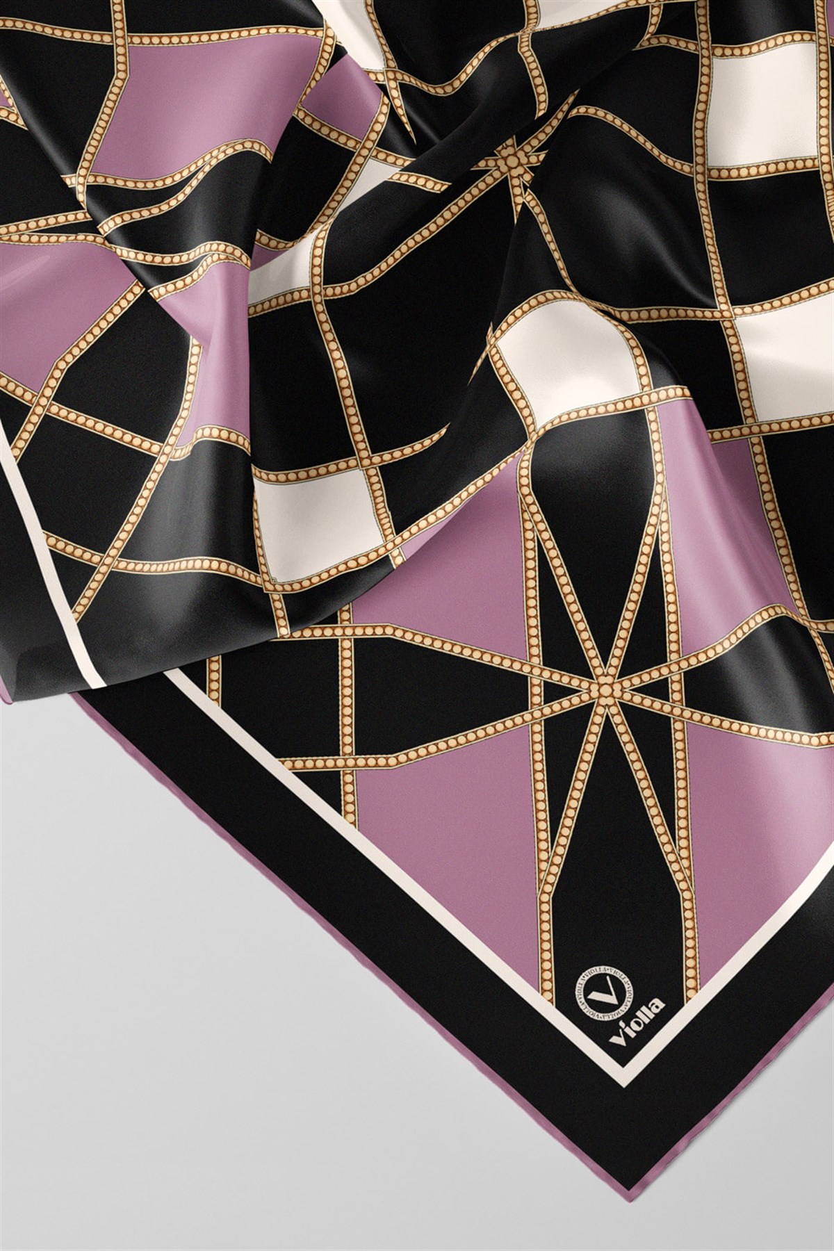 Twill Gold Detaylı Geometrik Çiçekli Desenli Lila Renkli 90x90 Eşarp (İpek İçermez) Kenar Dikiş Şekli El Dikişli