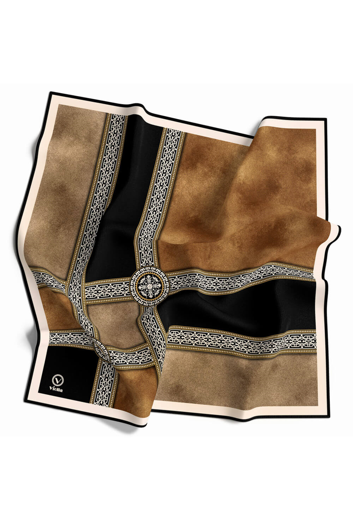 Twill Geometrik Desenli Hardal Renkli 90x90 Eşarp (İpek İçermez) Kenar Dikiş Şekli El Dikişli