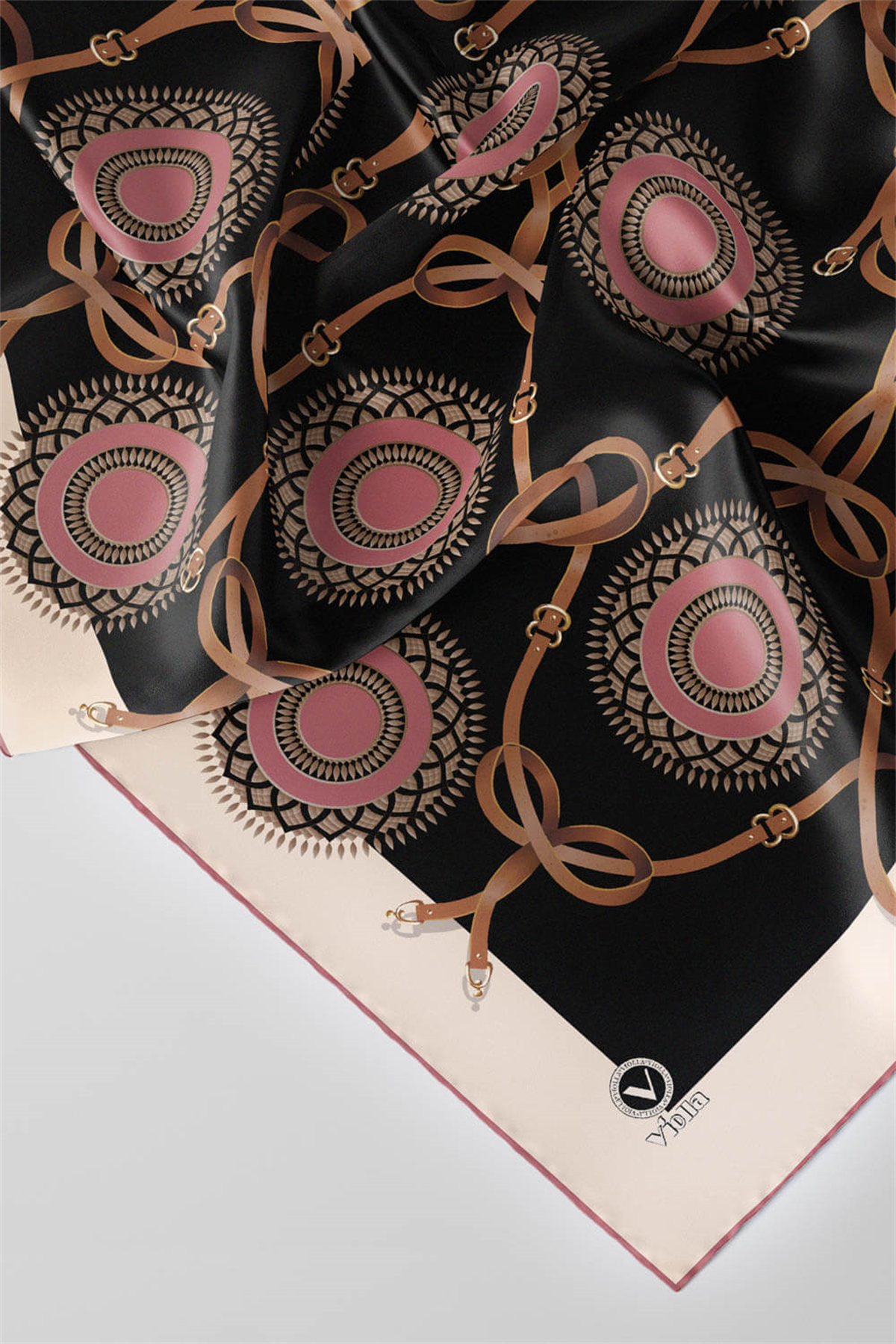 Twill Kemerli Ve Geometrik Desenli Gül Kurusu Renkli 90x90 Eşarp (İpek İçermez) Kenar Dikiş Şekli El Dikişli