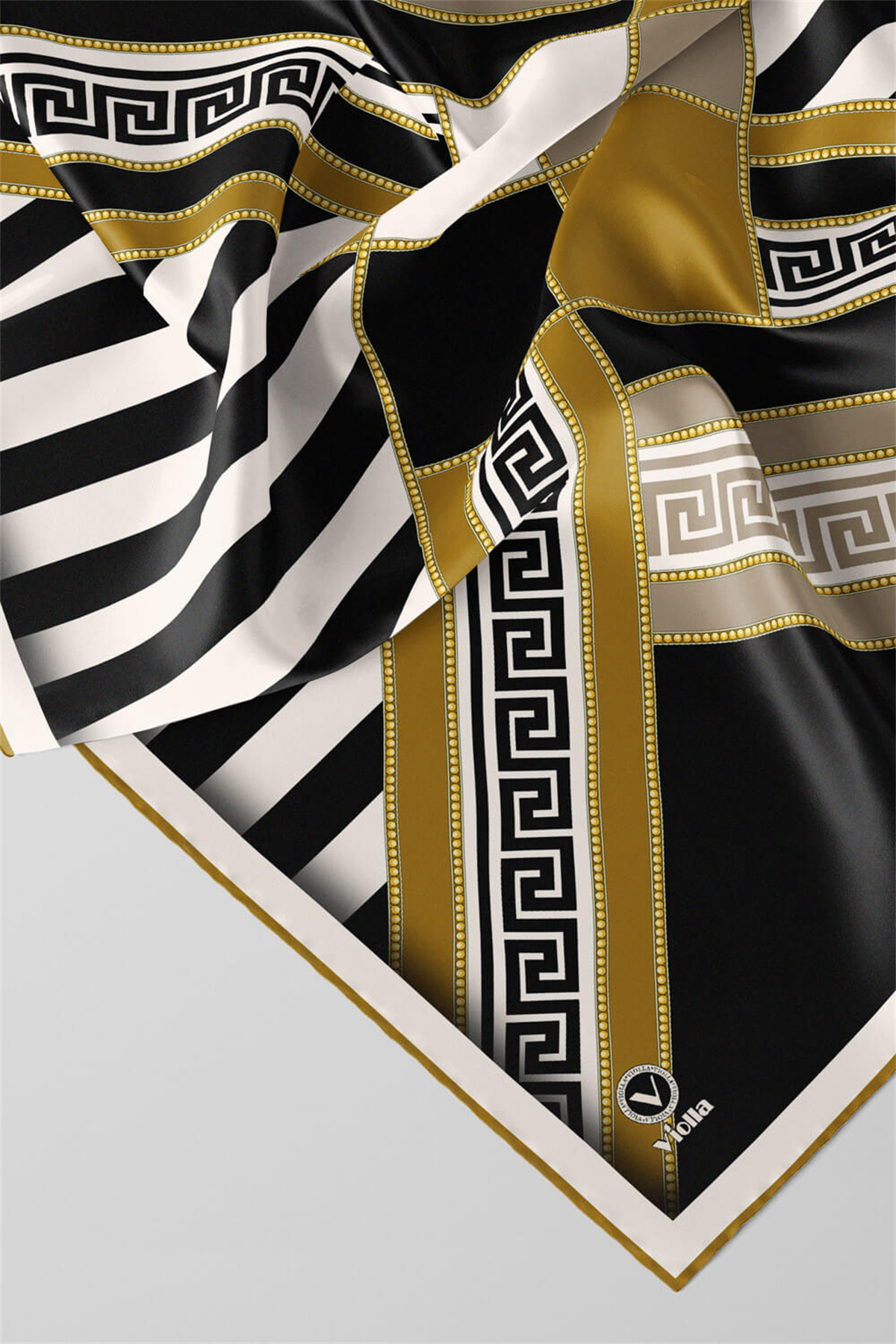 Twill Çizgili Geometrik Desenli Hardal Renkli 90x90 Eşarp (İpek İçermez) Kenar Dikiş Şekli El Dikişli