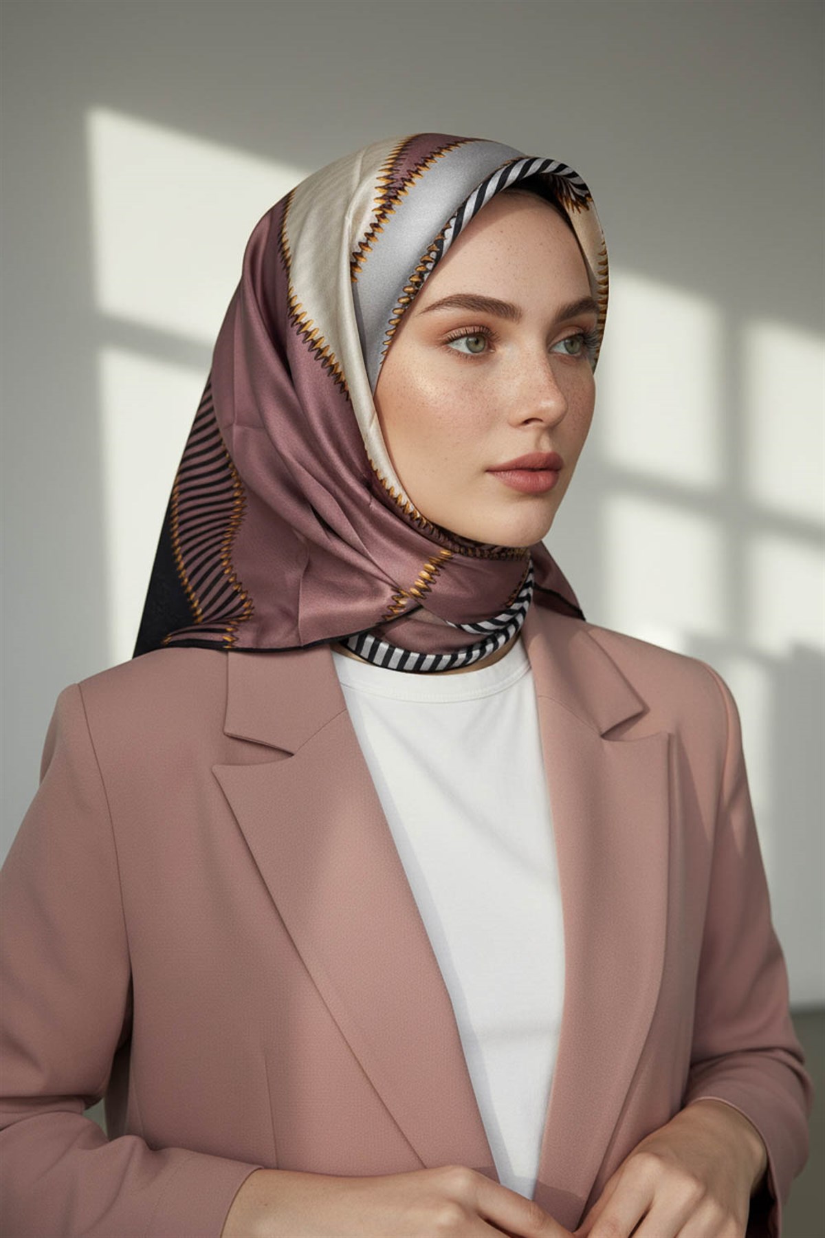 % 57 İPEK % 43 VİSKON Twill İpek Geometrik Desenli Sütlü Kahve - Krem Renkli 90x90 Eşarp Dikim Şekli : El Dikişi
