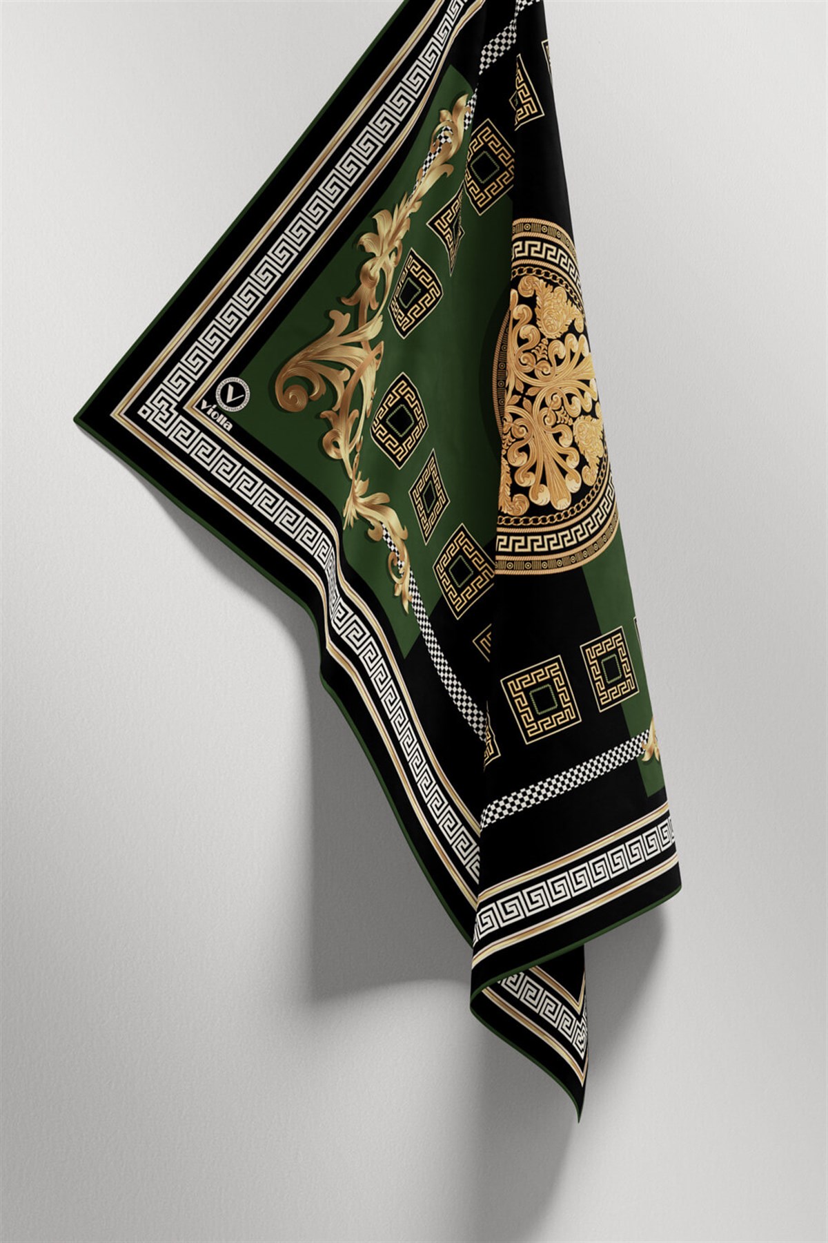 Twill Barok Desenli Zümrüt Yeşili Renkli 90x90 Eşarp (İpek İçermez) Kenar Dikiş Şekli El Dikişli