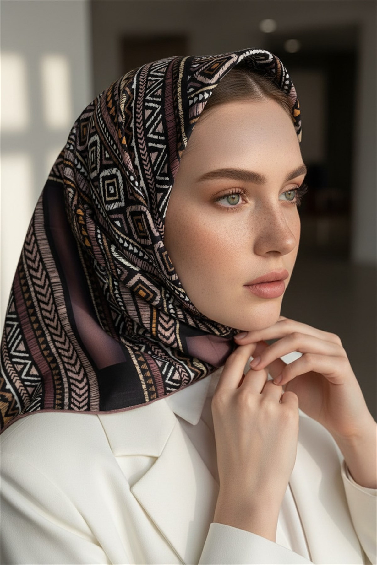 %100 Twill İpek Etnik Desenli Gül Kurusu - Bej Renkli 90x90 Eşarp Dikim Şekli : El Dikişi