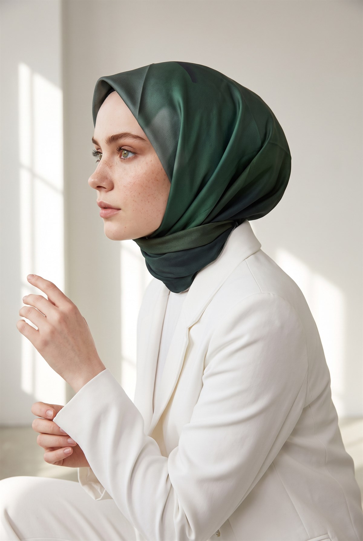 %100 Twill İpek Gül Desenli Haki - Zümrüt Yeşili Renkli 90x90 Eşarp Dikim Şekli : El Dikişi