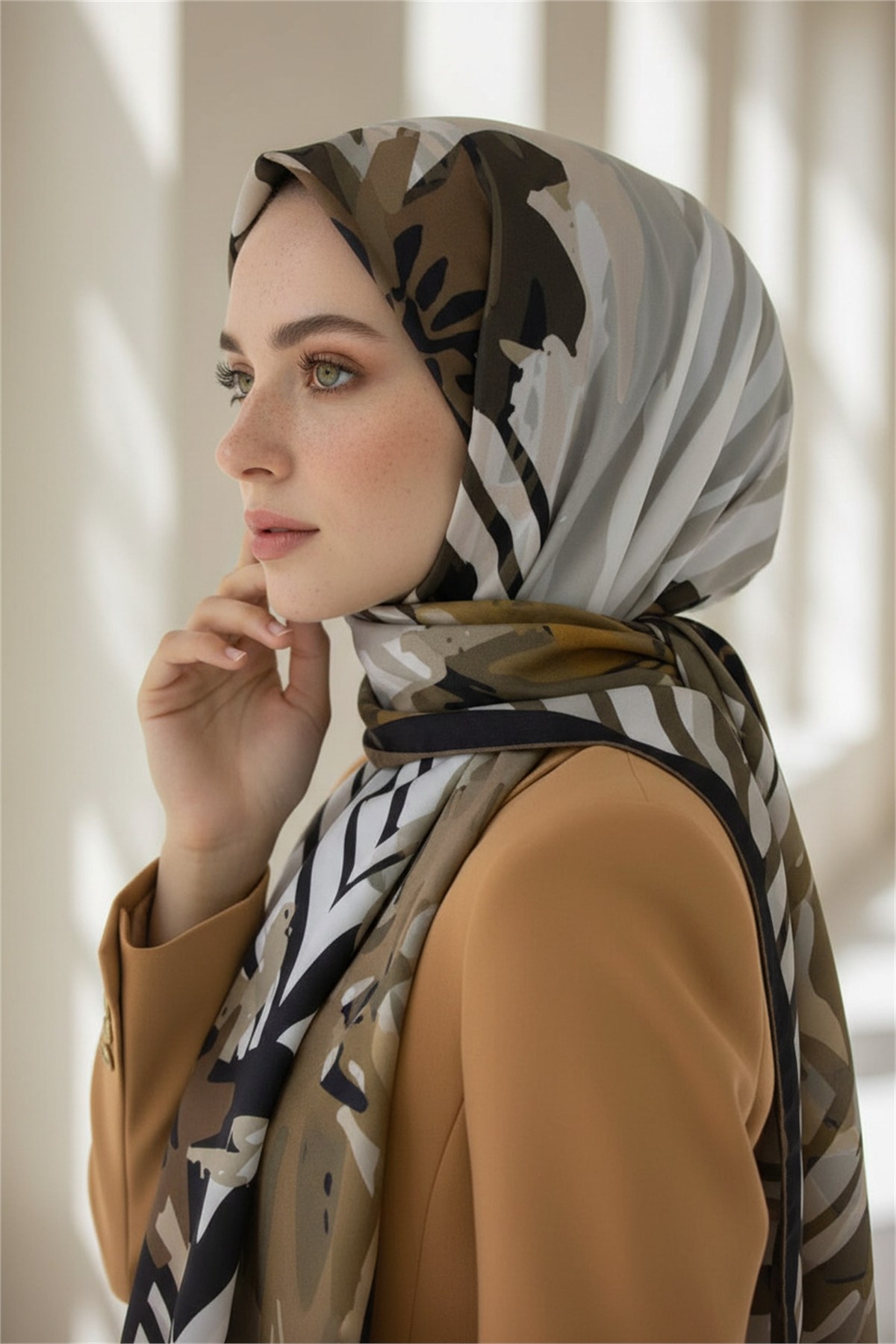 KREP ZEBRA VE ÇİÇEK DESENLİ BEJ RENKLİ 75X195 KIRIŞMAZ ŞAL