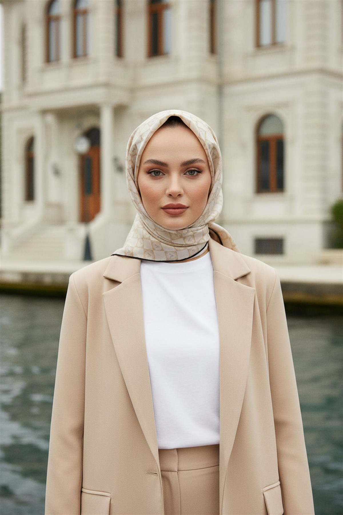%100 Twill İpek Monogram Desenli Krem - Siyah Renkli 90x90 Eşarp Dikim Şekli : El Dikişi