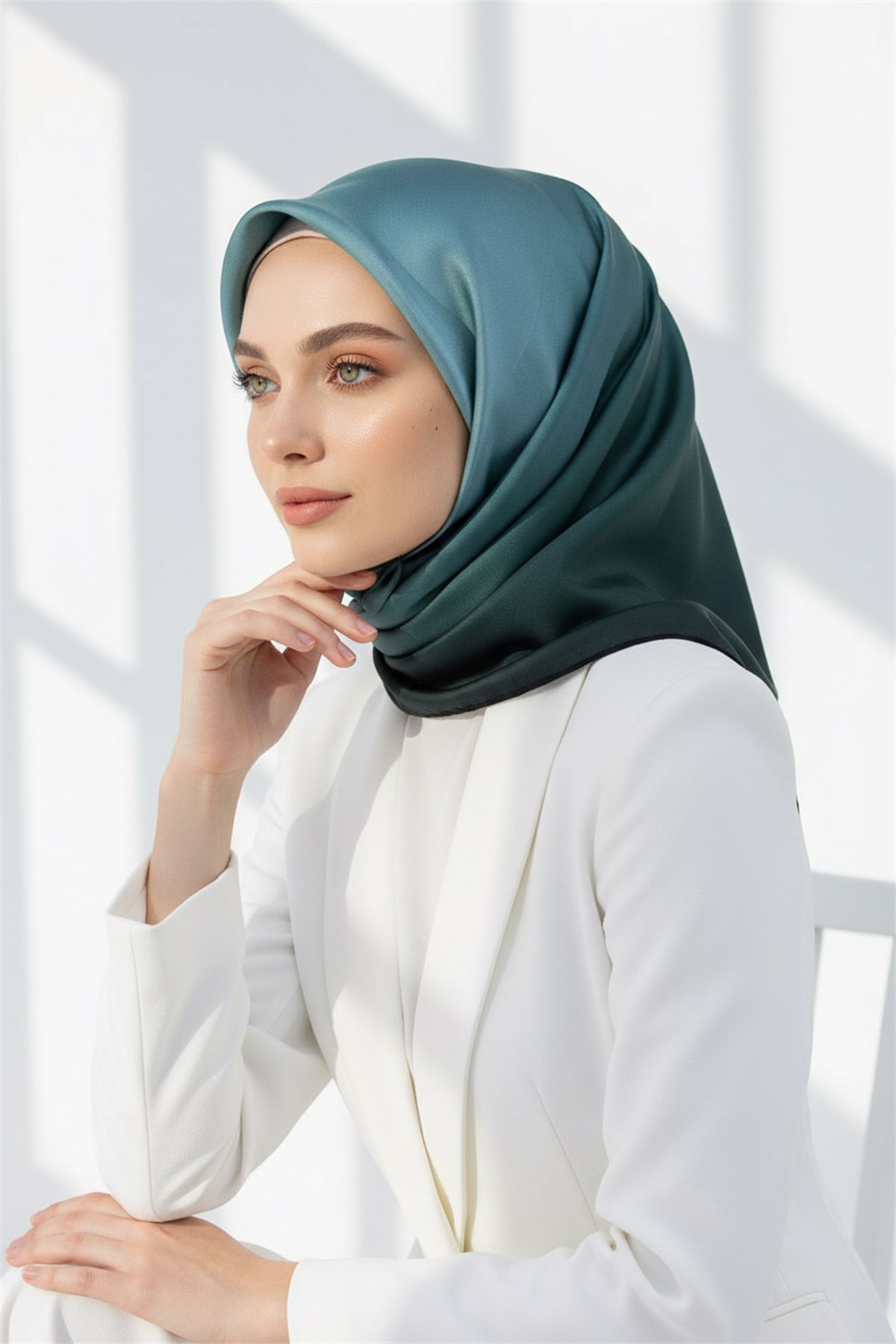 % 57 İPEK % 43 VİSKON Twill İpek Degrade Desenli Mint Yeşili Renkli 90x90 Eşarp Dikim Şekli : El Dikişi