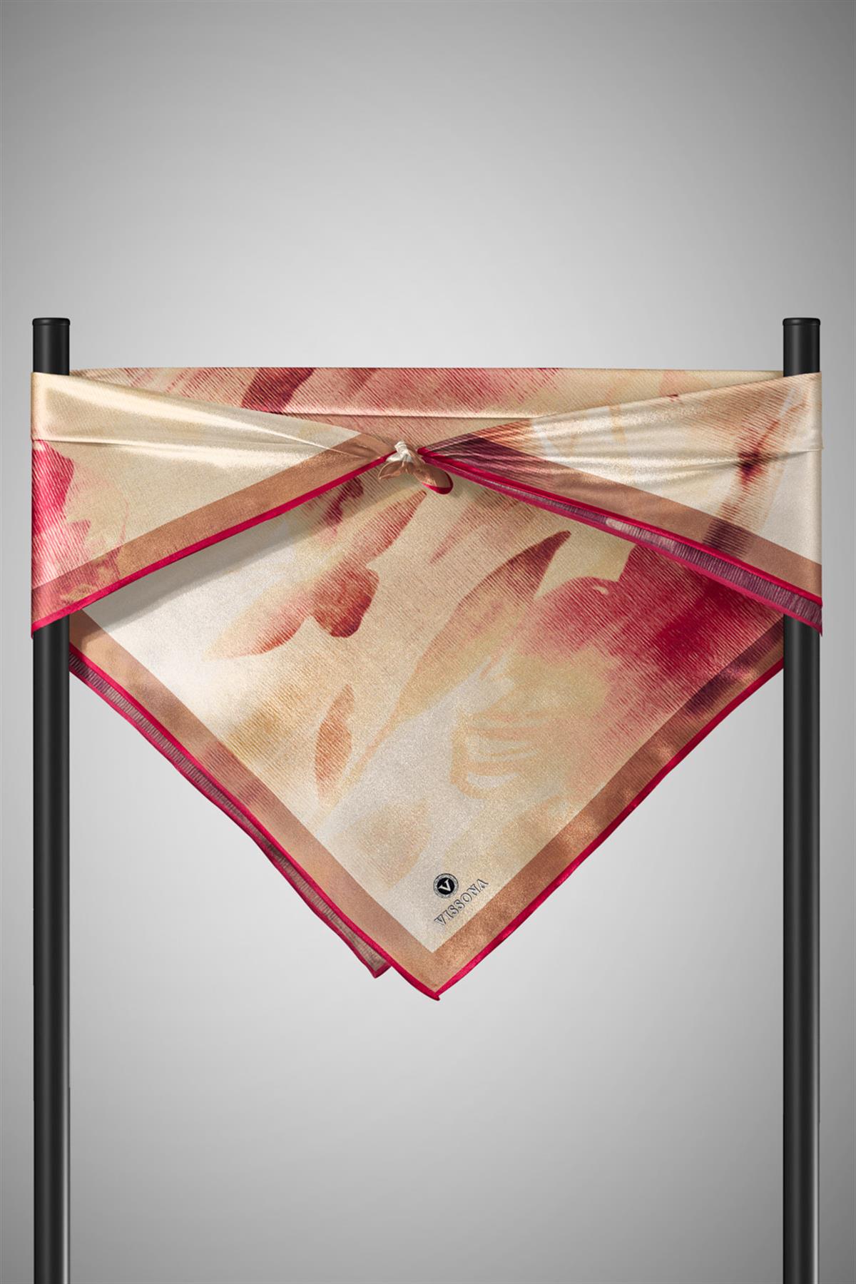 %100 Twill İpek Yaprak Desenli Bordo Renkli 90x90 Eşarp Dikim Şekli : El Dikişi