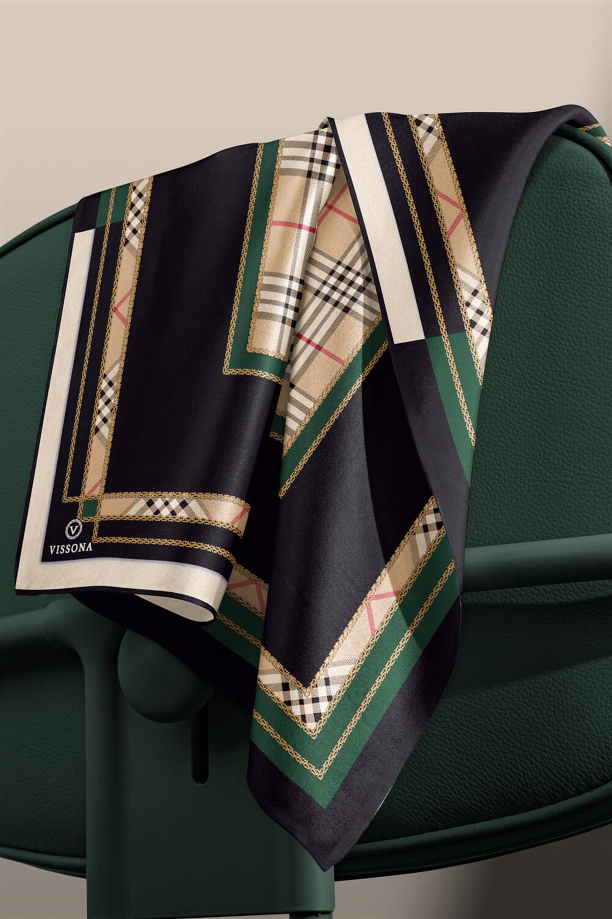 % 57 İPEK % 43 VİSKON Twill İpek Ekose Desenli Zümrüt Yeşili Renkli 90x90 Eşarp Dikim Şekli : El Dikişi