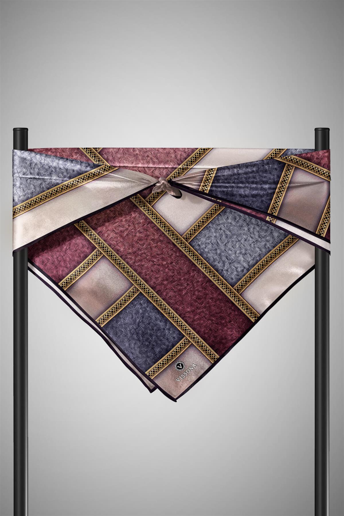 %100 Twill İpek Dokulu Ve Şerit Desenli Gri - Pudra Renkli 90x90 Eşarp Dikim Şekli : El Dikişi
