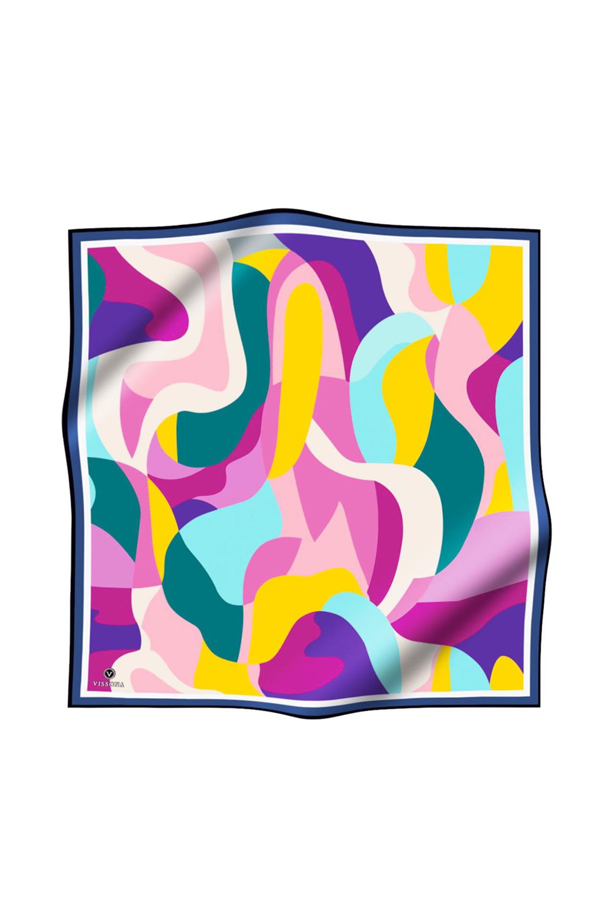 %100 Twill İpek Geometrik Desenli Pembe - Petrol Yeşili Renkli 90x90 Eşarp Dikim Şekli : El Dikişi