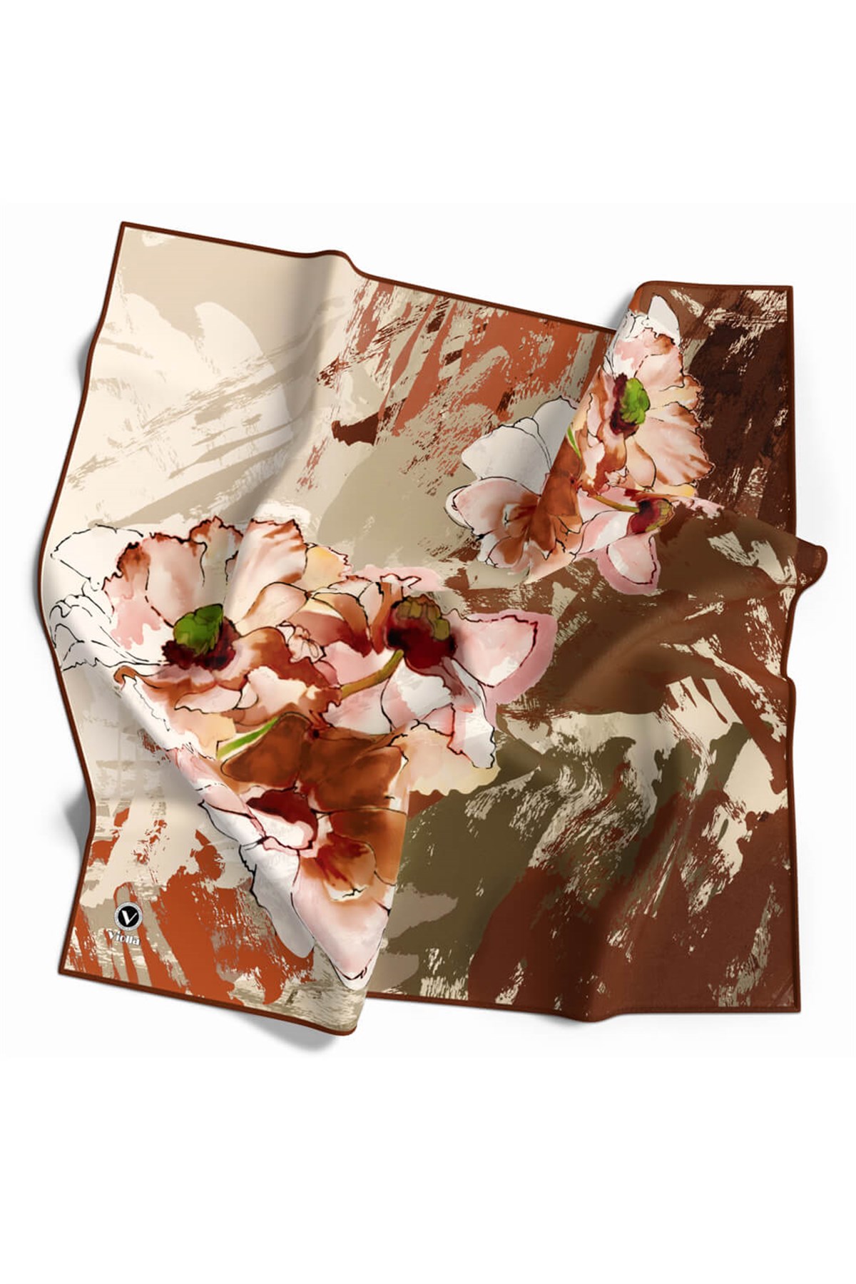 Twill Çiçek Desenli Taba Renkli 90x90 Eşarp (İpek İçermez) Dikim Şekli : El Dikişi