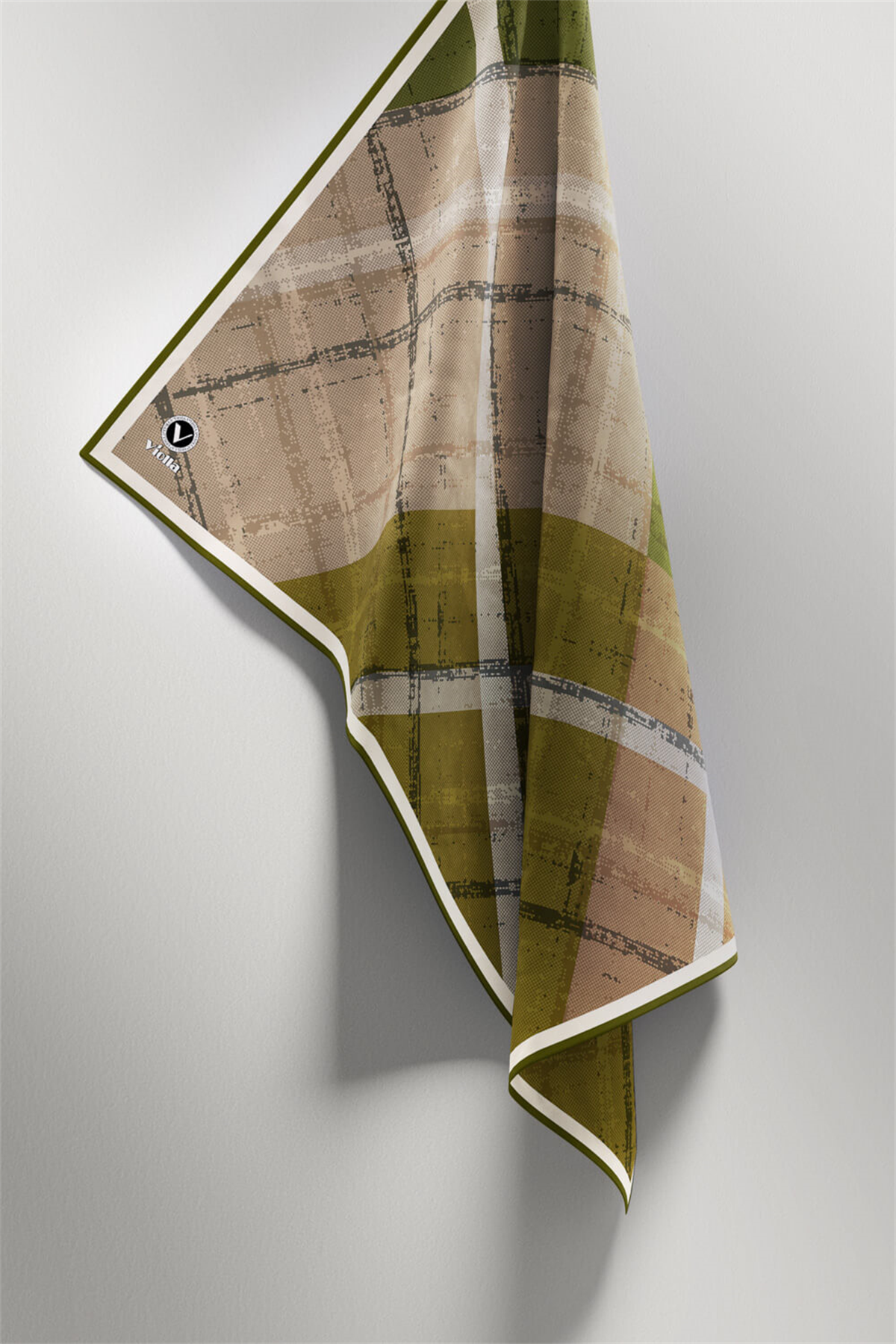 Twill Eskitme Desenli Haki Renkli 90x90 Eşarp (İpek İçermez) Kenar Dikiş Şekli El Dikişli