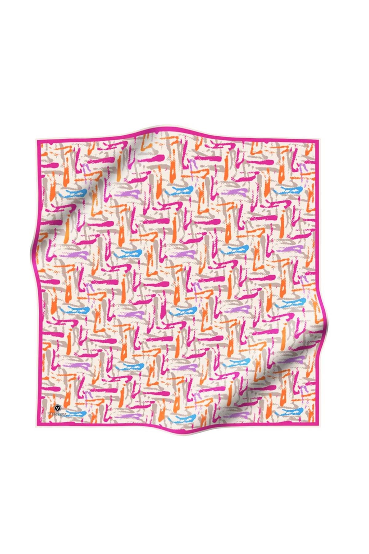 %100 Twill İpek Geometrik Desenli Turuncu - Pembe Renkli 90x90 Eşarp Dikim Şekli : El Dikişi