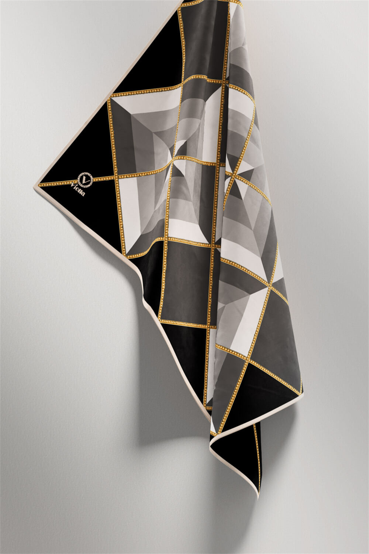 Twill Geometrik Desenli Siyah - Gri Renkli 90x90 Eşarp (İpek İçermez) Kenar Dikiş Şekli El Dikişli