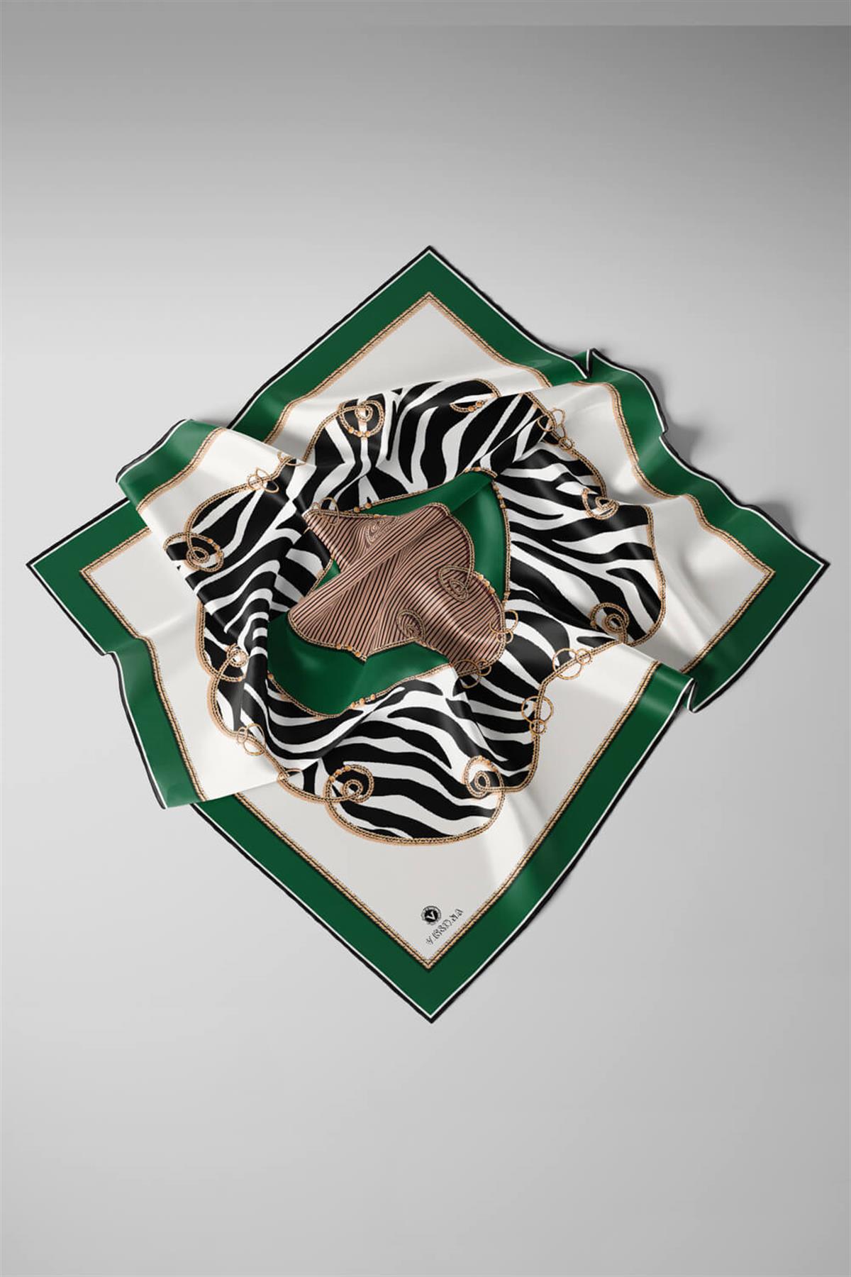 %100 Twill İpek Zincirli Ve Zebra Desenli Zümrüt Yeşili - Vizon Renkli 90x90 Eşarp Dikim Şekli : El Dikişi