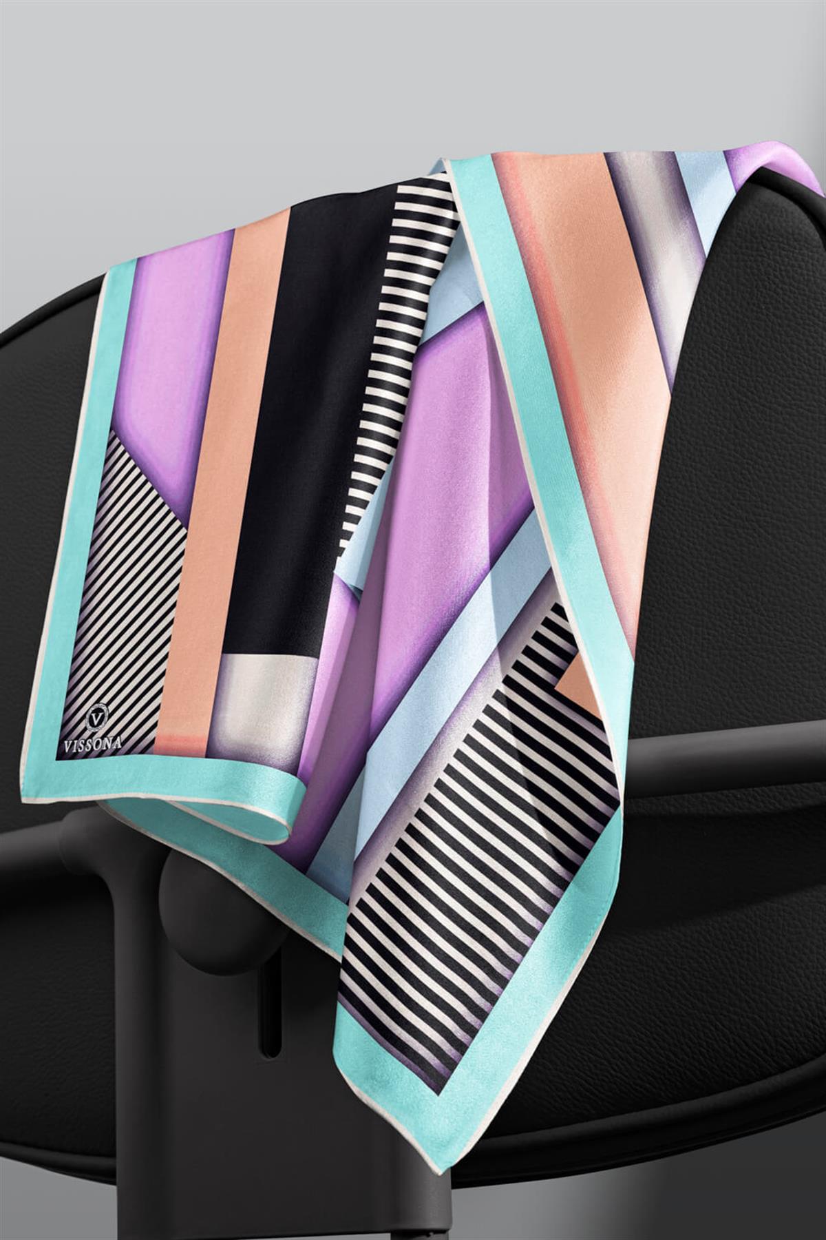 %100 Twill Renk Bloklu Çizgili Desenli Pudra - Bebe Mavisi Renkli 90x90 Eşarp Dikim Şekli: El Dikişii