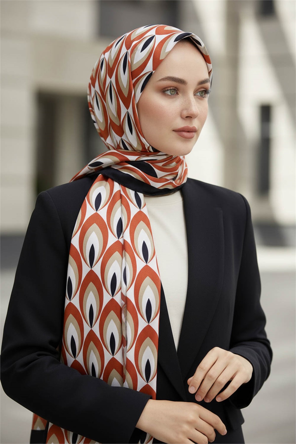 KREP GEOMETRİK DESENLİ TABA RENKLİ 75X195 KIRIŞMAZ ŞAL