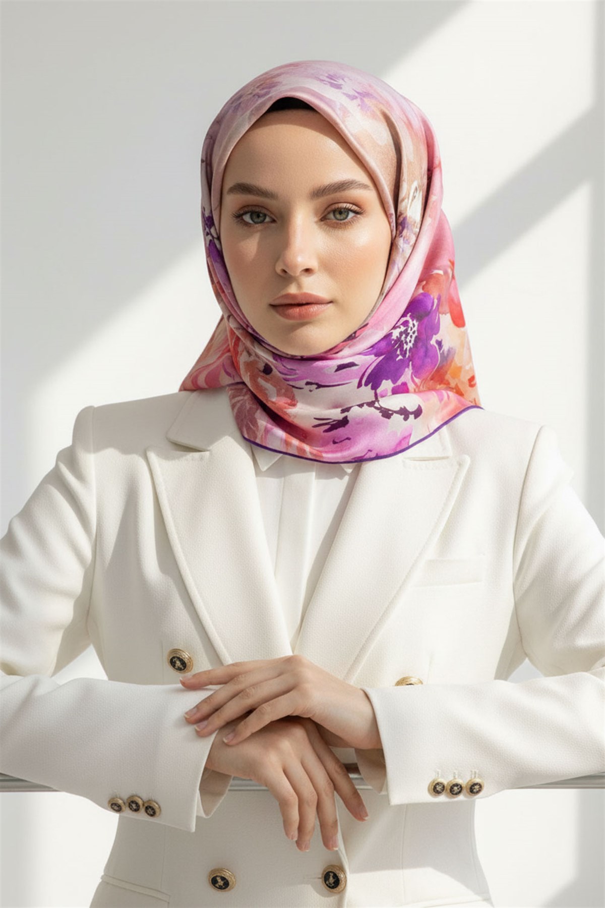 %100 Twill İpek Çiçek  Desenli Mor Renkli 90x90 Eşarp Dikim Şekli : El Dikişi