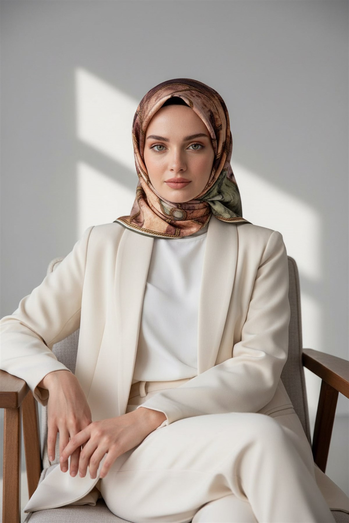 % 57 İPEK % 43 VİSKON Twill İpek Zincirli Mermer Desenli Haki - Bakır Renkli 90x90 Eşarp Dikim Şekli : El Dikişi