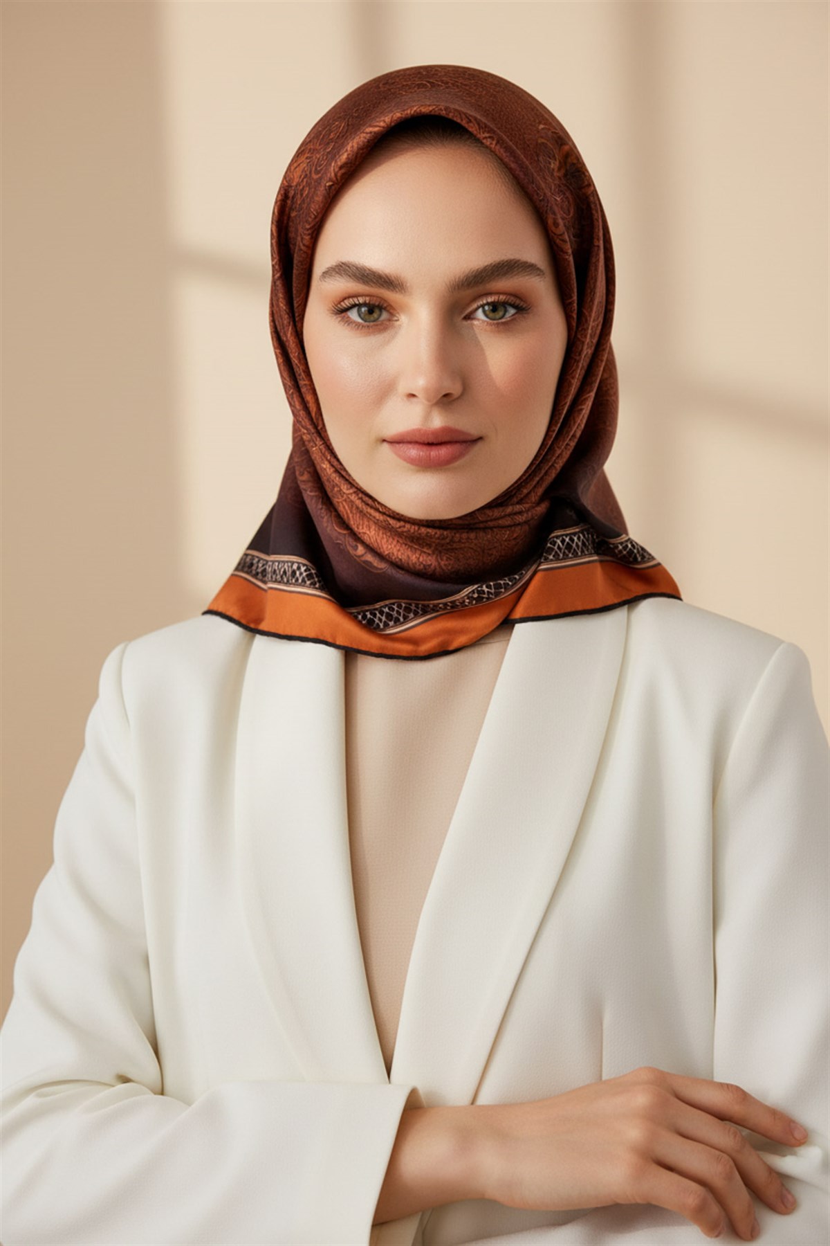 % 57 İPEK % 43 VİSKON Twill Barok Desenli Taba Renkli 90x90 Eşarp Dikim Şekli: El Dikişi