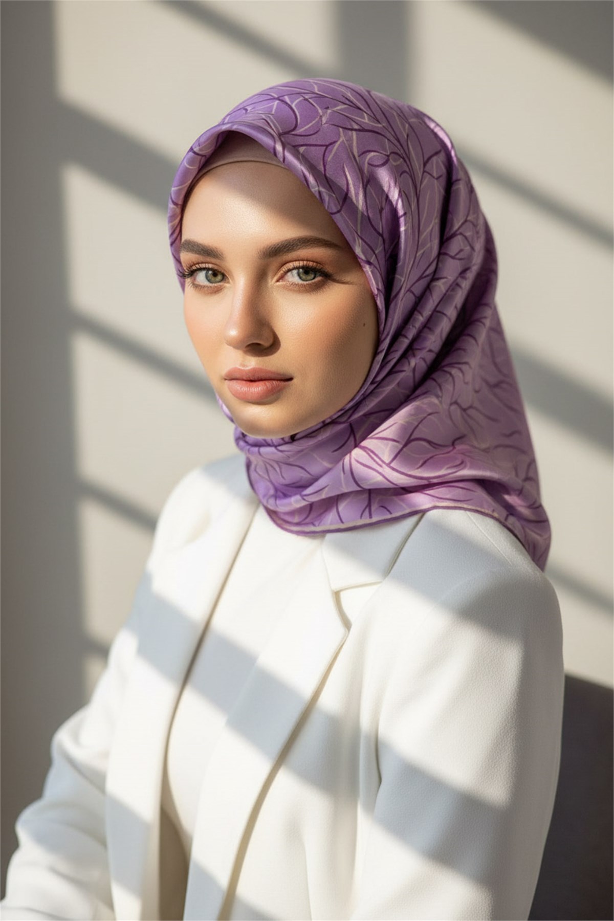 %100 Twill İpek Degrade Desenli Lila Renkli 90x90 Eşarp Dikim Şekli : El Dikişi