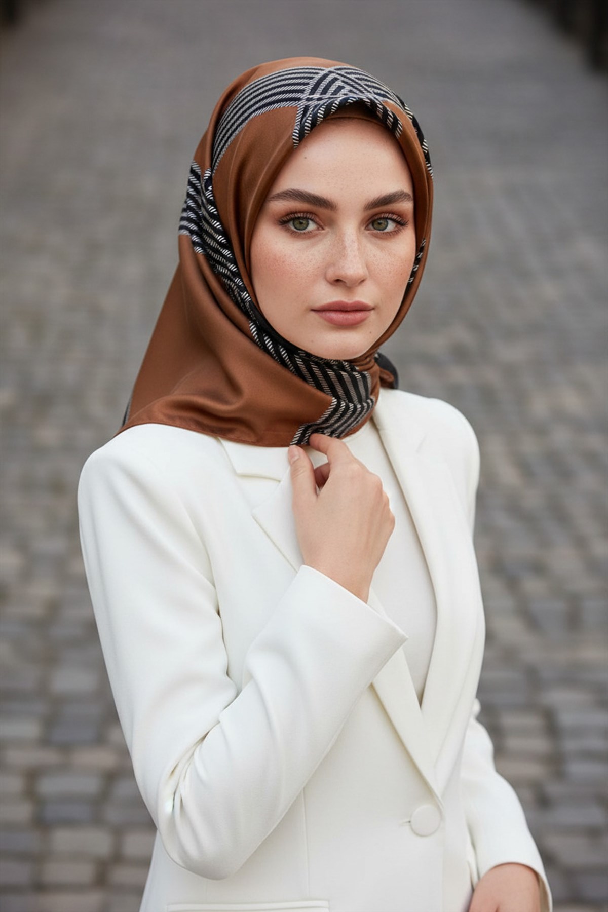 %100 Twill İpek Geometrik Desenli Bakır Renkli 90x90 Eşarp Dikim Şekli : El Dikişi