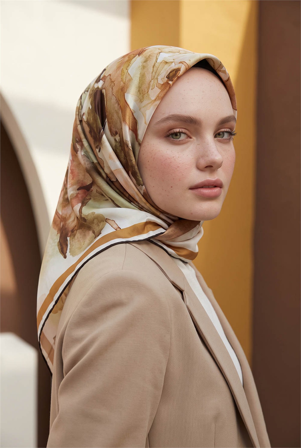 Rayon Çiçek Desenli Hardal Renkli 90x90 Eşarp (İpek İçermez) Kenar Dikiş Şekli El Dikişli