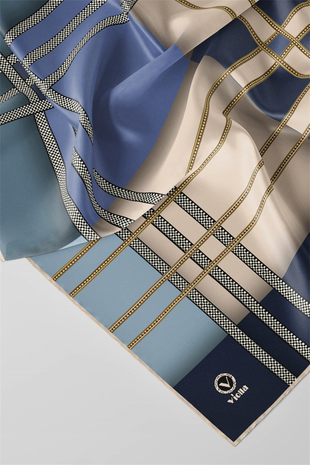Twill Geometrik Desenli Bebe Mavisi Renkli 90x90 Eşarp (İpek İçermez) Kenar Dikiş Şekli El Dikişli