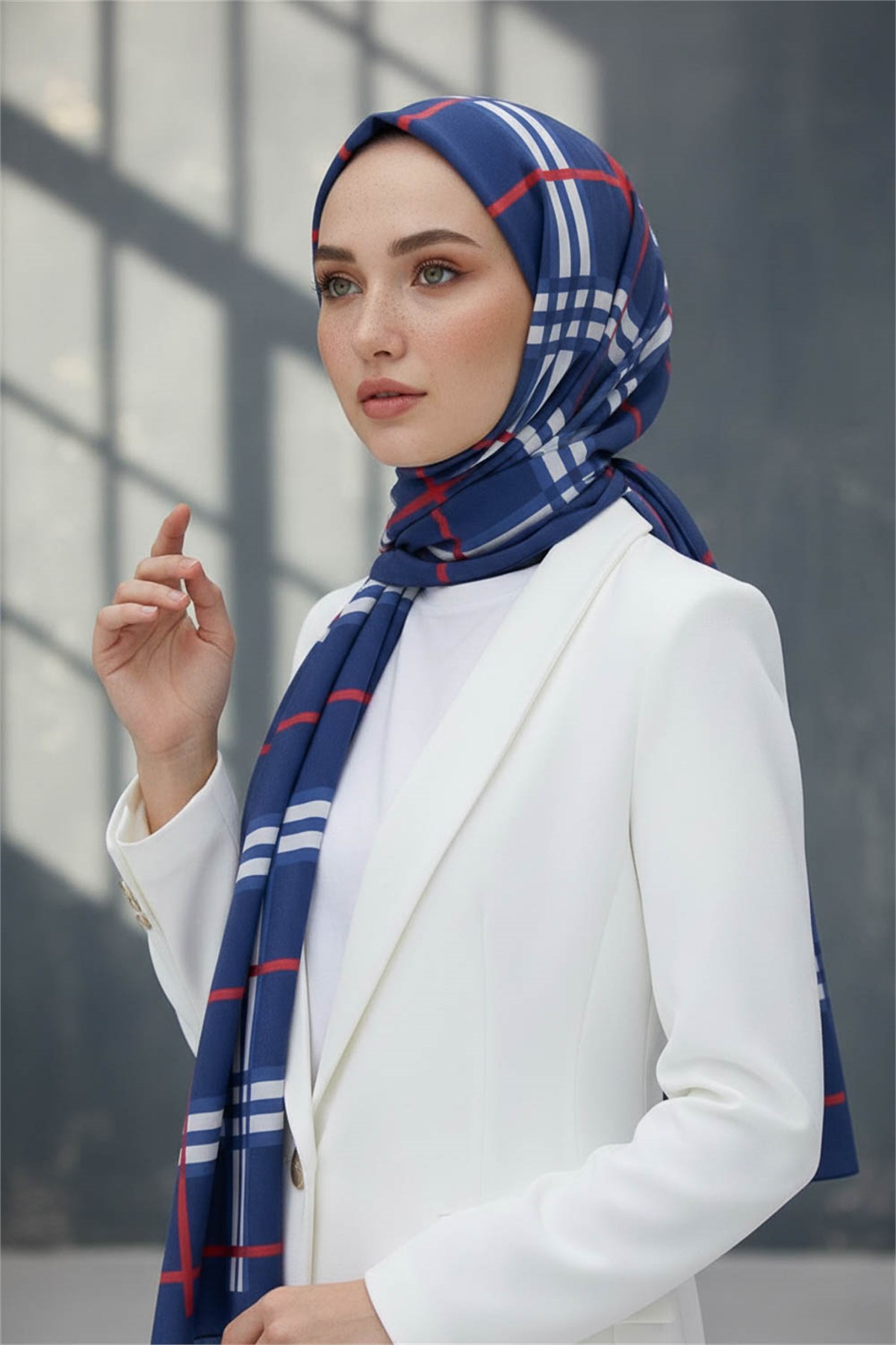 Krep Şal 75x195 Lacivert Ekose Desenli Kırışmaz Kadın Şal